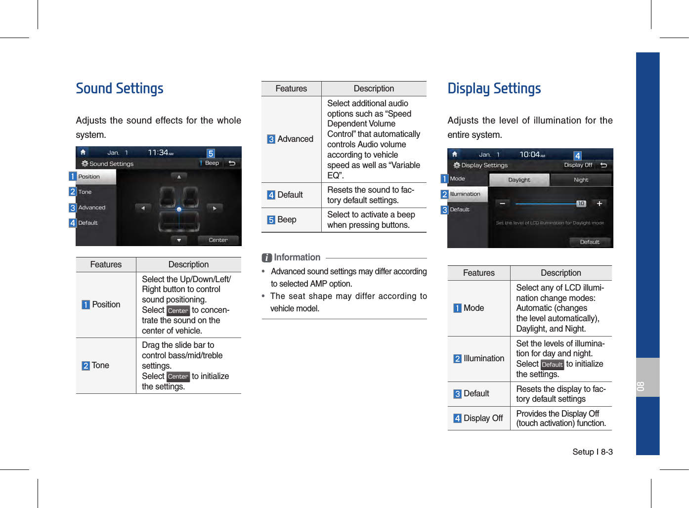 Setup I 8-308Sound SettingsAdjusts the  sound  effects for the whole system.i Information•   Advanced sound settings may differ according to selected AMP option. • The  seat  shape  may differ according  tovehicle model.Display SettingsAdjusts the  level  of illumination  for the entire system.Features Description ModeSelect any of LCD illumi-nation change modes:Automatic (changesthe level automatically),Daylight, and Night. IlluminationSet the levels of illumina-tion for day and night.Select Default to initializethe settings. Default Resets the display to fac-tory default settings Display Off Provides the Display Off (touch activation) function.Features Description PositionSelect the Up/Down/Left/Right button to controlsound positioning.Select Center to concen-trate the sound on the center of vehicle. ToneDrag the slide bar to control bass/mid/treble settings.Select Center to initialize the settings.Features Description AdvancedSelect additional audiooptions such as “SpeedDependent VolumeControl” that automaticallycontrols Audio volumeaccording to vehiclespeed as well as “VariableEQ”. Default Resets the sound to fac-tory default settings. Beep Select to activate a beep when pressing buttons.