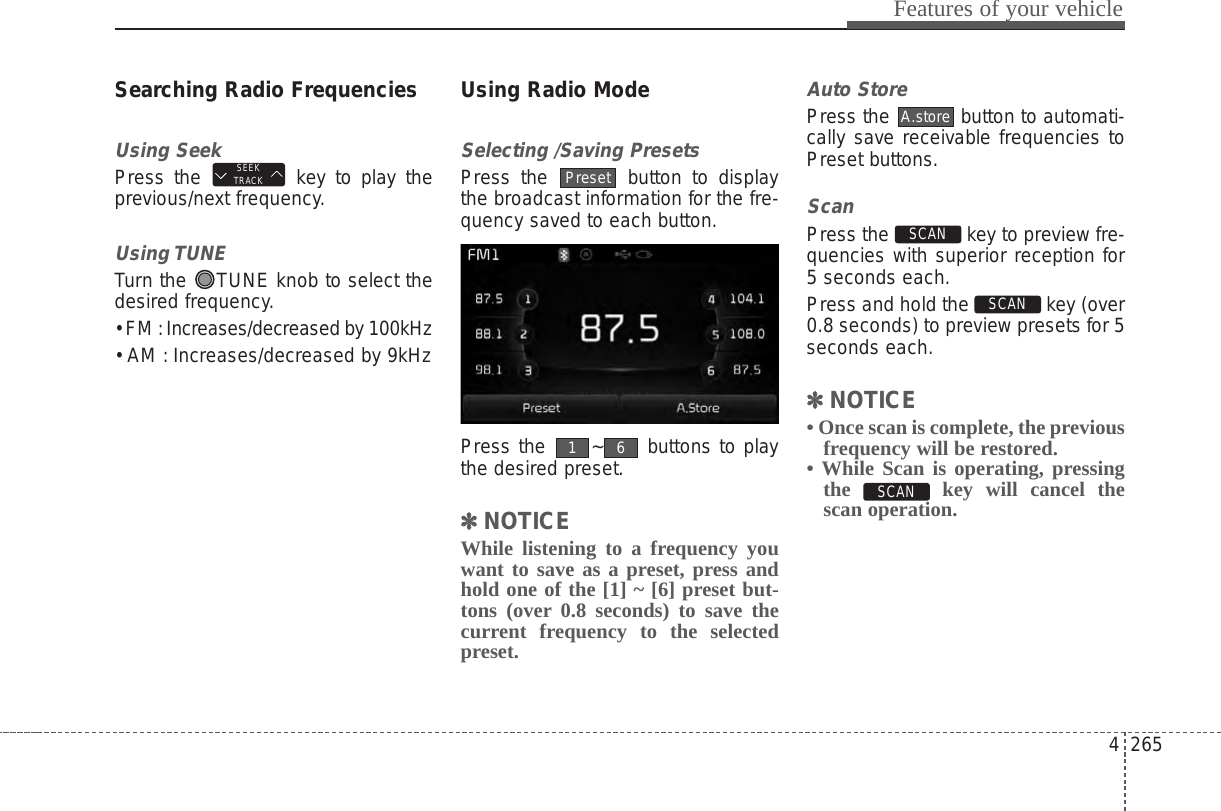 4 265Features of your vehicleSearching Radio FrequenciesUsing SeekPress the  key to play theprevious/next frequency.Using TUNETurn the  TUNE knob to select thedesired frequency.• FM :Increases/decreased by 100kHz• AM : Increases/decreased by 9kHzUsing Radio ModeSelecting /Saving PresetsPress the  button to displaythe broadcast information for the fre-quency saved to each button.Press the  ~ buttons to playthe desired preset.✽✽NOTICE While listening to a frequency youwant to save as a preset, press andhold one of the [1] ~ [6] preset but-tons (over 0.8 seconds) to save thecurrent frequency to the selectedpreset.Auto StorePress the  button to automati-cally save receivable frequencies toPreset buttons.ScanPress the  key to preview fre-quencies with superior reception for5 seconds each.Press and hold the  key (over0.8 seconds) to preview presets for 5seconds each.✽✽NOTICE • Once scan is complete, the previousfrequency will be restored.• While Scan is operating, pressingthe  key will cancel thescan operation.SCAN SCAN SCAN A.store61PresetSEEKTRACK