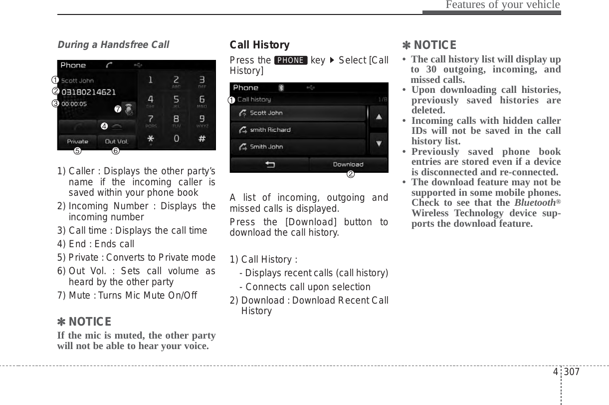 4 307Features of your vehicleDuring a Handsfree Call1) Caller : Displays the other party’sname if the incoming caller issaved within your phone book2) Incoming Number : Displays theincoming number3) Call time : Displays the call time4) End : Ends call5) Private :Converts to Private mode6) Out Vol. : Sets call volume asheard by the other party7) Mute :Turns Mic Mute On/Off✽✽NOTICE If the mic is muted, the other partywill not be able to hear your voice.Call HistoryPress the  key  Select [CallHistory]A list of incoming, outgoing andmissed calls is displayed.Press the [Download] button todownload the call history.1) Call History :- Displays recent calls (call history)- Connects call upon selection2) Download : Download Recent CallHistory✽✽NOTICE •  The call history list will display upto 30 outgoing, incoming, andmissed calls.•  Upon downloading call histories,previously saved histories aredeleted. •  Incoming calls with hidden callerIDs will not be saved in the callhistory list.•  Previously saved phone bookentries are stored even if a deviceis disconnected and re-connected. •  The download feature may not besupported in some mobile phones.Check to see that the Bluetooth®Wireless Technology device sup-ports the download feature.PHONE 