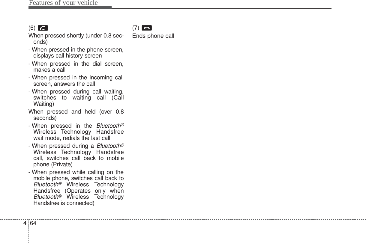 Features of your vehicle644(6) When pressed shortly (under 0.8 sec-onds)- When pressed in the phone screen,displays call history screen- When pressed in the dial screen,makes a call- When pressed in the incoming callscreen, answers the call- When pressed during call waiting,switches to waiting call (CallWaiting)When pressed and held (over 0.8seconds)- When pressed in the Bluetooth®Wireless Technology Handsfreewait mode, redials the last call- When pressed during a Bluetooth®Wireless Technology Handsfreecall, switches call back to mobilephone (Private)- When pressed while calling on themobile phone, switches call back toBluetooth®Wireless TechnologyHandsfree (Operates only whenBluetooth®Wireless TechnologyHandsfree is connected)(7) Ends phone call