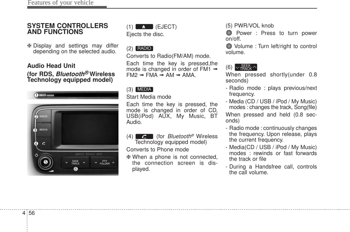 Features of your vehicle564SYSTEM CONTROLLERSAND FUNCTIONS ❈ Display and settings may differdepending on the selected audio.Audio Head Unit (for RDS,Bluetooth®WirelessTechnology equipped model)(1) (EJECT)Ejects the disc.(2) Converts to Radio(FM/AM) mode.Each time the key is pressed,themode is changed in order of FM1 ➟FM2 ➟FMA ➟AM ➟AMA.(3) Start Media modeEach time the key is pressed, themode is changed in order of CD,USB(iPod) AUX, My Music, BTAudio.(4) (for Bluetooth®Wireless Technology equipped model)Converts to Phone mode❈ When a phone is not connected,the connection screen is dis-played.(5) PWR/VOL knobPower : Press to turn poweron/off.Volume : Turn left/right to controlvolume.(6) When pressed shortly(under 0.8seconds)- Radio mode : plays previous/nextfrequency.- Media (CD / USB / iPod / My Music)modes : changes the track, Song(file)When pressed and held (0.8 sec-onds)- Radio mode : continuously changesthe frequency. Upon release, playsthe current frequency.- Media(CD / USB / iPod / My Music)modes : rewinds or fast forwardsthe track or file- During a Handsfree call, controlsthe call volume.SEEKTRACKMEDIARADIO