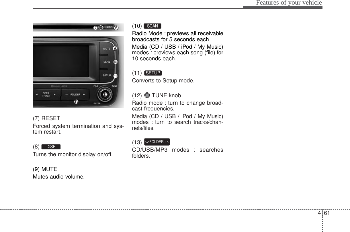 461Features of your vehicle(7) RESETForced system termination and sys-tem restart.(8) Turns the monitor display on/off.(9) MUTEMutes audio volume.(10) Radio Mode : previews all receivablebroadcasts for 5 seconds eachMedia (CD / USB / iPod / My Music)modes : previews each song (file) for10 seconds each.(11) Converts to Setup mode.(12) TUNE knobRadio mode : turn to change broad-cast frequencies.Media (CD / USB / iPod / My Music)modes : turn to search tracks/chan-nels/files.(13) CD/USB/MP3 modes : searchesfolders.FOLDERSETUPSCAN DISP 