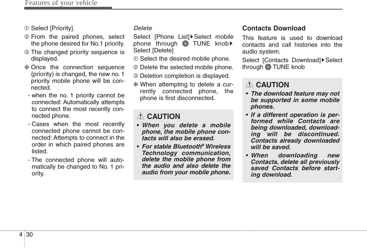 Features of your vehicle304➀ Select [Priority].➁ From the paired phones, selectthe phone desired for No.1 priority.➂ The changed priority sequence isdisplayed.❈ Once the connection sequence(priority) is changed, the new no. 1priority mobile phone will be con-nected.- when the no. 1 priority cannot beconnected: Automatically attemptsto connect the most recently con-nected phone.- Cases when the most recentlyconnected phone cannot be con-nected: Attempts to connect in theorder in which paired phones arelisted.- The connected phone will auto-matically be changed to No. 1 pri-ority.DeleteSelect [Phone List] Select mobilephone through  TUNE knobSelect [Delete]➀ Select the desired mobile phone.➁ Delete the selected mobile phone.➂ Deletion completion is displayed.❈ When attempting to delete a cur-rently connected phone, thephone is first disconnected.Contacts DownloadThis feature is used to downloadcontacts and call histories into theaudio system.Select [Contacts Download] Selectthrough TUNE knobCAUTION• The download feature may notbe supported in some mobilephones.• If a different operation is per-formed while Contacts arebeing downloaded, download-ing will be discontinued.Contacts already downloadedwill be saved.• When downloading newContacts, delete all previouslysaved Contacts before start-ing download.CAUTION• When you delete a mobilephone, the mobile phone con-tacts will also be erased.• For stable Bluetooth®WirelessTechnology communication,delete the mobile phone fromthe audio and also delete theaudio from your mobile phone.