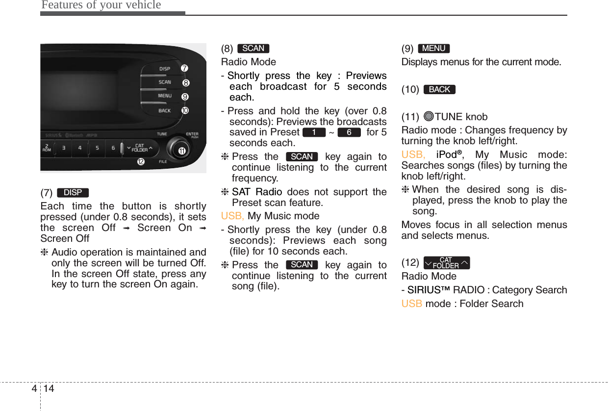 Features of your vehicle144(7) Each time the button is shortlypressed (under 0.8 seconds), it setsthe screen Off ➟Screen On ➟Screen Off❈Audio operation is maintained andonly the screen will be turned Off.In the screen Off state, press anykey to turn the screen On again.(8) Radio Mode- Shortly press the key : Previewseach broadcast for 5 secondseach.- Press and hold the key (over 0.8seconds): Previews the broadcastssaved in Preset  ~  for 5seconds each.❈Press the  key again tocontinue listening to the currentfrequency.❈SAT Radio does not support thePreset scan feature.USB, My Music mode- Shortly press the key (under 0.8seconds): Previews each song(file) for 10 seconds each.❈Press the  key again tocontinue listening to the currentsong (file).(9) Displays menus for the current mode.(10) (11) TUNE knobRadio mode : Changes frequency byturning the knob left/right.USB, iPod®, My Music mode:Searches songs (files) by turning theknob left/right.❈When the desired song is dis-played, press the knob to play thesong.Moves focus in all selection menusand selects menus.(12) Radio Mode-SIRIUS™RADIO : Category SearchUSB mode : Folder SearchCATFOLDERBACKMENUSCANSCAN61SCANDISP