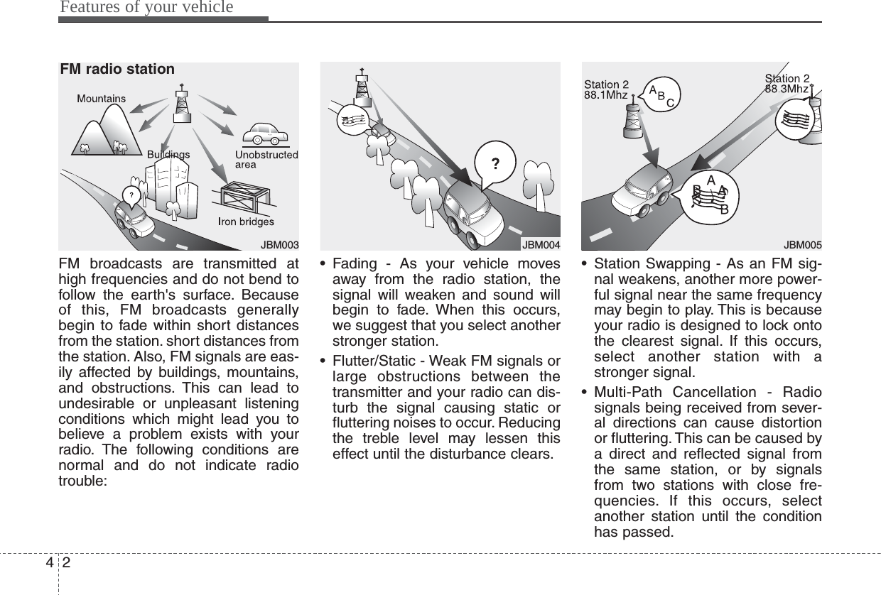 Features of your vehicle24FM broadcasts are transmitted athigh frequencies and do not bend tofollow the earth&apos;s surface. Becauseof this, FM broadcasts generallybegin to fade within short distancesfrom the station. short distances fromthe station. Also, FM signals are eas-ily affected by buildings, mountains,and obstructions. This can lead toundesirable or unpleasant listeningconditions which might lead you tobelieve a problem exists with yourradio. The following conditions arenormal and do not indicate radiotrouble:• Fading - As your vehicle movesaway from the radio station, thesignal will weaken and sound willbegin to fade. When this occurs,we suggest that you select anotherstronger station.• Flutter/Static - Weak FM signals orlarge obstructions between thetransmitter and your radio can dis-turb the signal causing static orfluttering noises to occur. Reducingthe treble level may lessen thiseffect until the disturbance clears.• Station Swapping - As an FM sig-nal weakens, another more power-ful signal near the same frequencymay begin to play. This is becauseyour radio is designed to lock ontothe clearest signal. If this occurs,select another station with astronger signal.• Multi-Path Cancellation - Radiosignals being received from sever-al directions can cause distortionor fluttering. This can be caused bya direct and reflected signal fromthe same station, or by signalsfrom two stations with close fre-quencies. If this occurs, selectanother station until the conditionhas passed.JBM003FM radio stationJBM005♬♩♪JBM004