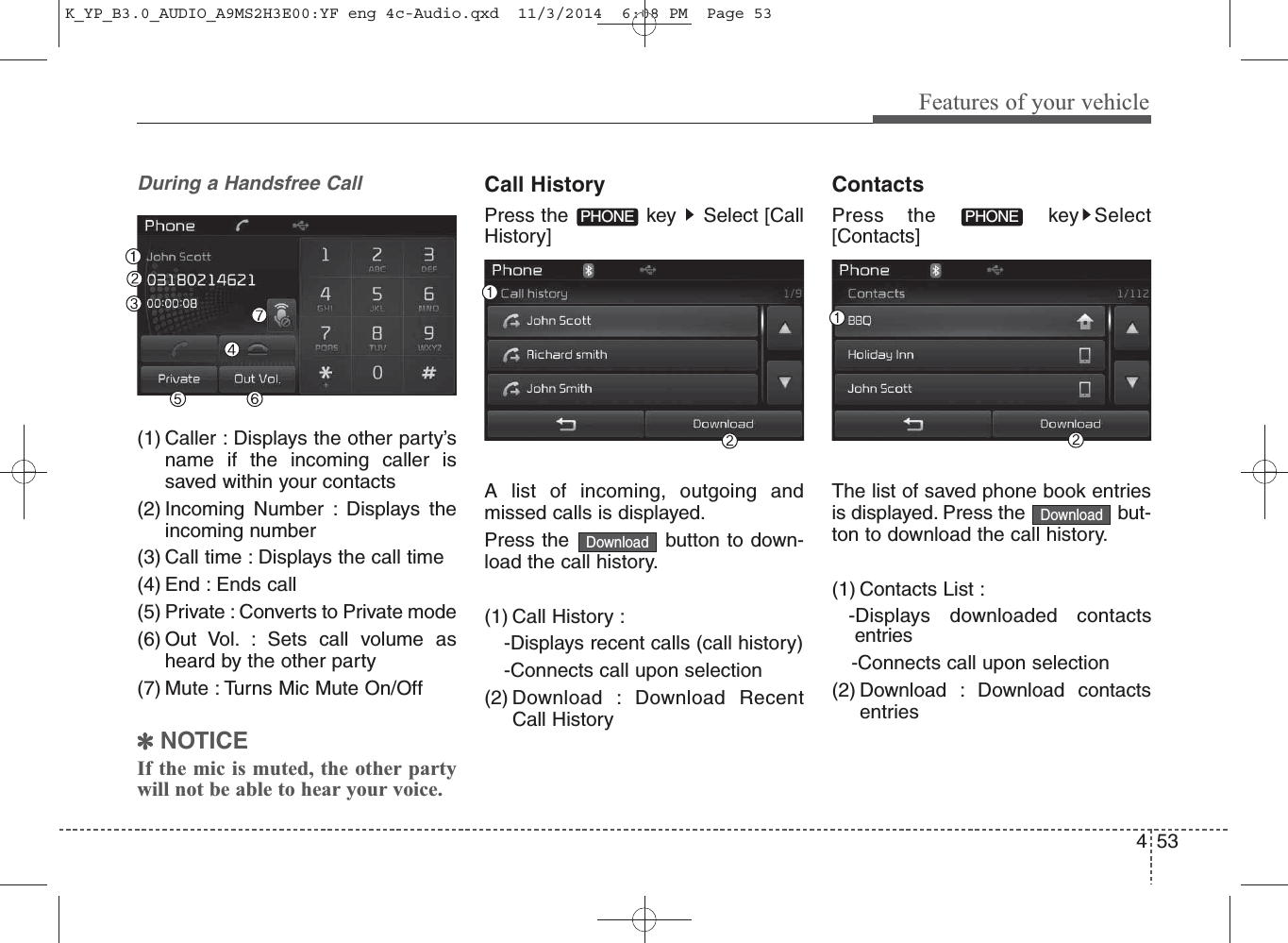 53Features of your vehicle4During a Handsfree Call(1) Caller : Displays the other party’sname if the incoming caller issaved within your contacts(2) Incoming Number : Displays theincoming number(3) Call time : Displays the call time(4) End : Ends call(5) Private : Converts to Private mode(6) Out Vol. : Sets call volume asheard by the other party(7) Mute : Turns Mic Mute On/Off✽NOTICE If the mic is muted, the other partywill not be able to hear your voice.Call HistoryPress the  key  Select [CallHistory]A list of incoming, outgoing andmissed calls is displayed.Press the  button to down-load the call history.(1) Call History :-Displays recent calls (call history)-Connects call upon selection(2) Download : Download RecentCall HistoryContactsPress the  key Select[Contacts]The list of saved phone book entriesis displayed. Press the  but-ton to download the call history.(1) Contacts List : -Displays downloaded contactsentries-Connects call upon selection(2) Download : Download contactsentriesPHONEPHONEDownloadDownloadK_YP_B3.0_AUDIO_A9MS2H3E00:YF eng 4c-Audio.qxd  11/3/2014  6:08 PM  Page 53