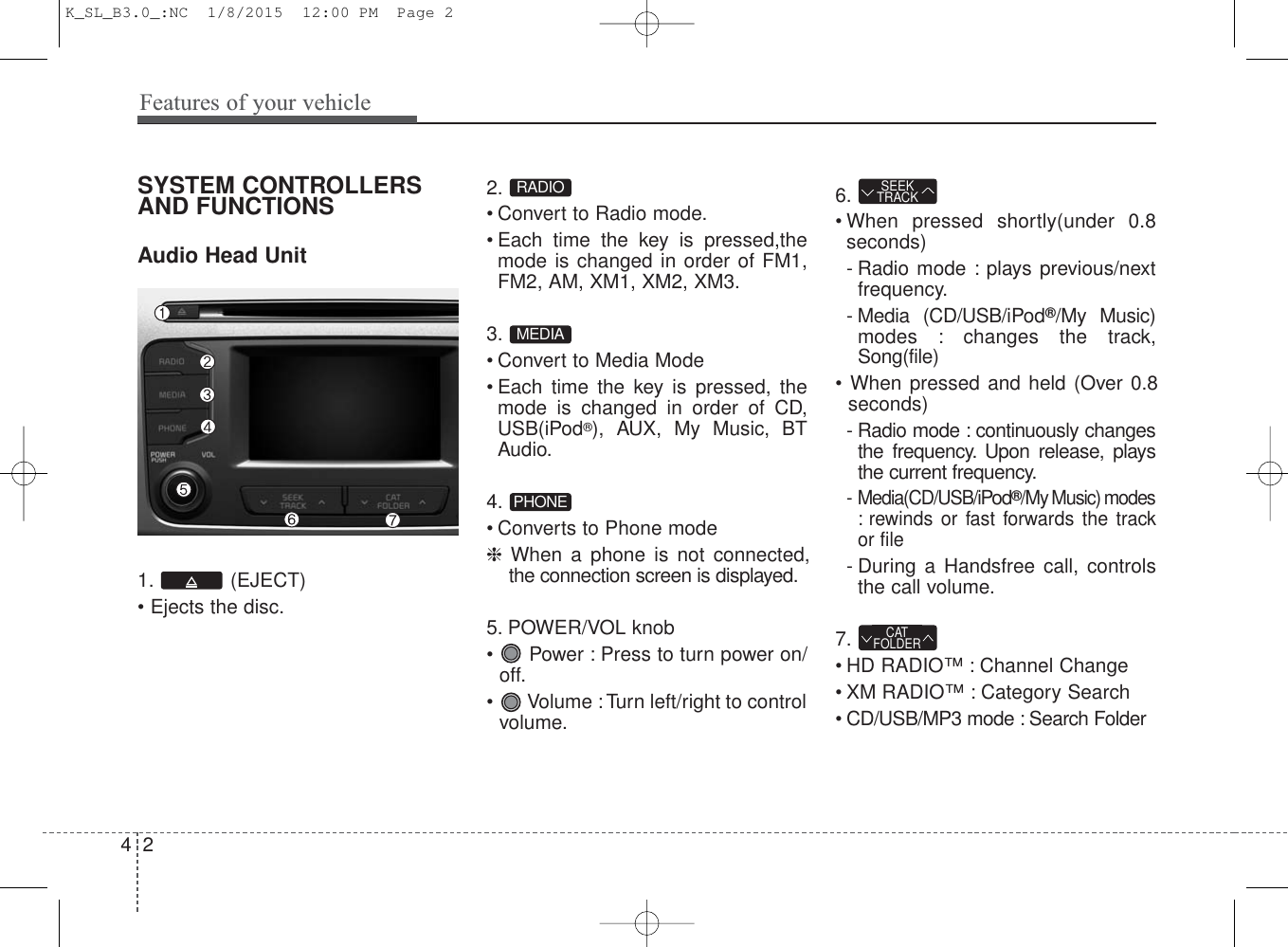 Features of your vehicle24SYSTEM CONTROLLERSAND FUNCTIONSAudio Head Unit 1. (EJECT)• Ejects the disc.2. • Convert to Radio mode.• Each time the key is pressed,themode is changed in order of FM1,FM2, AM, XM1, XM2, XM3.3. • Convert to Media Mode• Each time the key is pressed, themode is changed in order of CD,USB(iPod®), AUX, My Music, BTAudio.4. • Converts to Phone mode❈When a phone is not connected,the connection screen is displayed.5. POWER/VOL knob•  Power : Press to turn power on/off.•  Volume : Turn left/right to controlvolume.6. • When pressed shortly(under 0.8seconds)- Radio mode : plays previous/nextfrequency.- Media (CD/USB/iPod®/My Music)modes : changes the track,Song(file)• When pressed and held (Over 0.8seconds)- Radio mode : continuously changesthe frequency. Upon release, playsthe current frequency.- Media(CD/USB/iPod®/My Music) modes: rewinds or fast forwards the trackor file- During a Handsfree call, controlsthe call volume.7. • HD RADIO™ : Channel Change• XM RADIO™ : Category Search• CD/USB/MP3 mode : Search FolderCATFOLDERSEEKTRACKPHONEMEDIARADIOK_SL_B3.0_:NC  1/8/2015  12:00 PM  Page 2