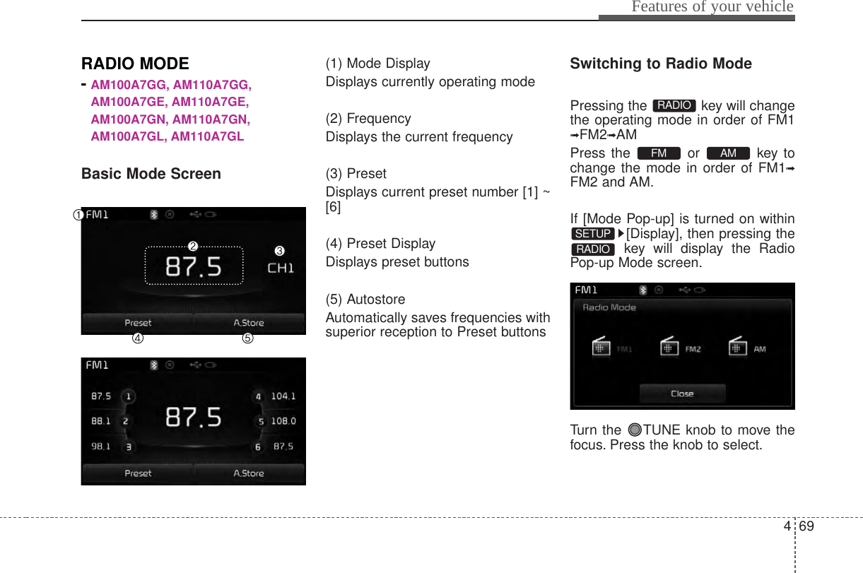 469Features of your vehicleRADIO MODE-AM100A7GG, AM110A7GG,AM100A7GE, AM110A7GE,AM100A7GN, AM110A7GN,AM100A7GL, AM110A7GLBasic Mode Screen(1) Mode DisplayDisplays currently operating mode(2) FrequencyDisplays the current frequency(3) PresetDisplays current preset number [1] ~[6](4) Preset DisplayDisplays preset buttons(5) AutostoreAutomatically saves frequencies withsuperior reception to Preset buttonsSwitching to Radio ModePressing the  key will changethe operating mode in order of FM1➟FM2➟AMPress the or key tochange the mode in order of FM1➟FM2 and AM.If [Mode Pop-up] is turned on within[Display], then pressing thekey will display the RadioPop-up Mode screen.Turn the  TUNE knob to move thefocus. Press the knob to select.RADIOSETUPAMFMRADIO