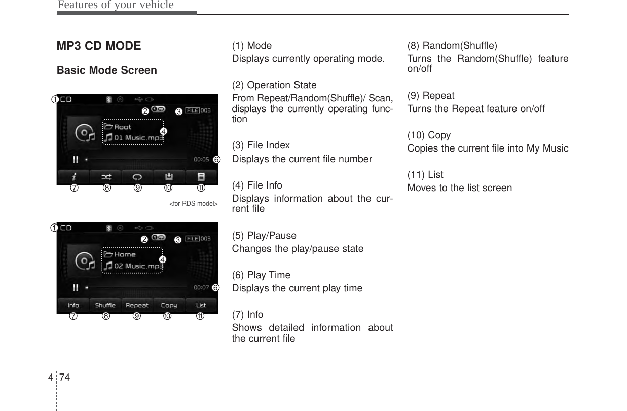 Features of your vehicle744MP3 CD MODEBasic Mode Screen&lt;for RDS model&gt;(1) ModeDisplays currently operating mode.(2) Operation StateFrom Repeat/Random(Shuffle)/ Scan,displays the currently operating func-tion(3) File IndexDisplays the current file number(4) File InfoDisplays information about the cur-rent file(5) Play/PauseChanges the play/pause state(6) Play TimeDisplays the current play time(7) InfoShows detailed information aboutthe current file(8) Random(Shuffle)Turns the Random(Shuffle) featureon/off(9) RepeatTurns the Repeat feature on/off(10) CopyCopies the current file into My Music(11) ListMoves to the list screen