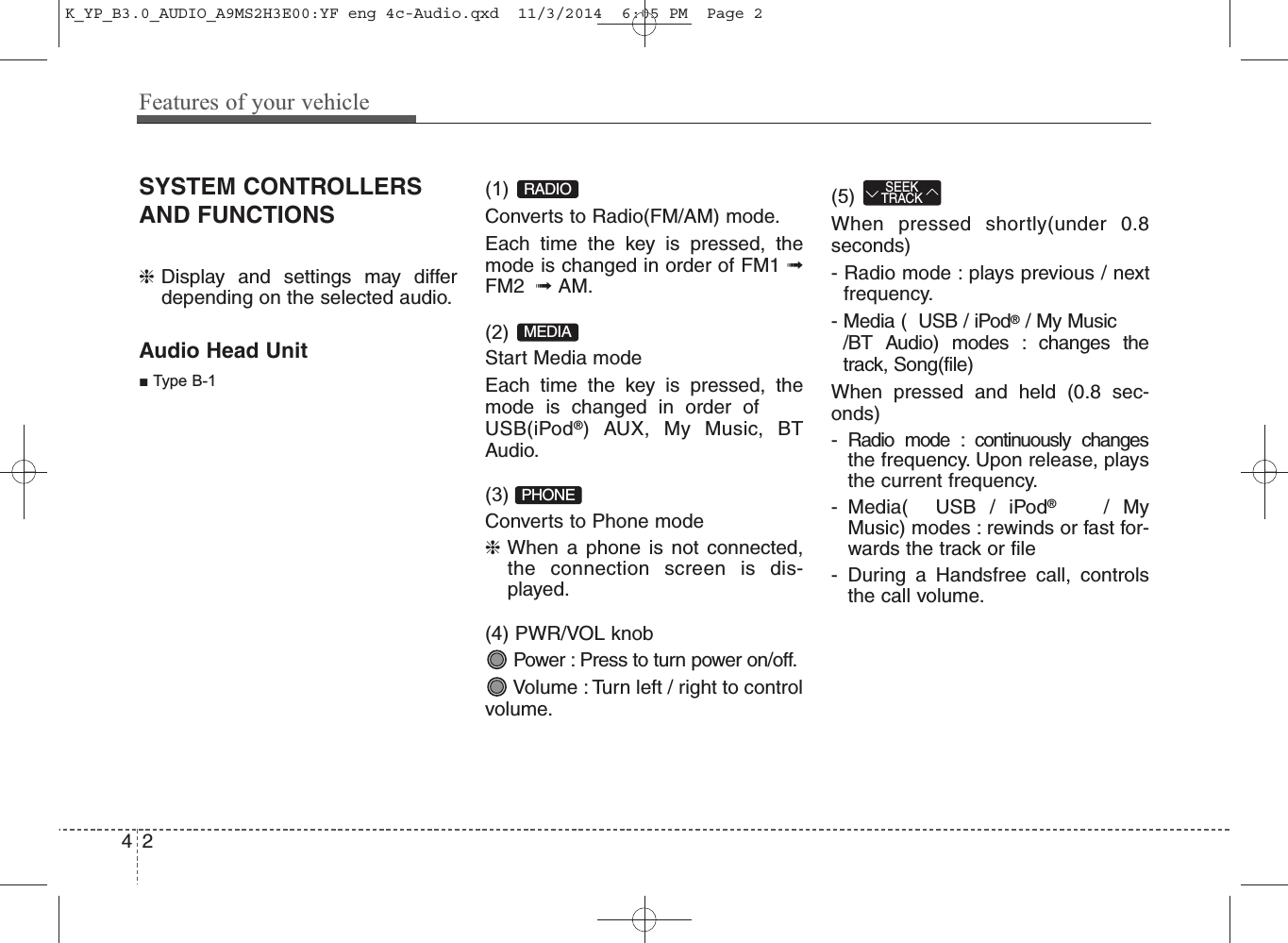 SYSTEM CONTROLLERSAND FUNCTIONS ❈Display and settings may differdepending on the selected audio.Audio Head Unit (1) (EJECT)Ejects the disc() Converts to Radio(FM/AM) mode.Each time the key is pressed, themode is changed in order of FM1 ➟FM2  ➟AM.() Start Media modeEach time the key is pressed, themode is changed in order of USB(iPod®) AUX, My Music, BTAudio.()Converts to Phone mode❈When a phone is not connected,the connection screen is dis-played.() PWR/VOL knobPower : Press to turn power on/off.Volume : Turn left / right to controlvolume.() When pressed shortly(under 0.8seconds)- Radio mode : plays previous / nextfrequency.- Media (  USB / iPod®/ My Music/BT Audio) modes : changes thetrack, Song(file)When pressed and held (0.8 sec-onds)- Radio mode : continuously changesthe frequency. Upon release, playsthe current frequency.- Media(  USB / iPod®/ MyMusic) modes : rewinds or fast for-wards the track or file- During a Handsfree call, controlsthe call volume.SEEKTRACKPHONEMEDIARADIO■ Type B-142Features of your vehicleK_YP_B3.0_AUDIO_A9MS2H3E00:YF eng 4c-Audio.qxd  11/3/2014  6:05 PM  Page 2