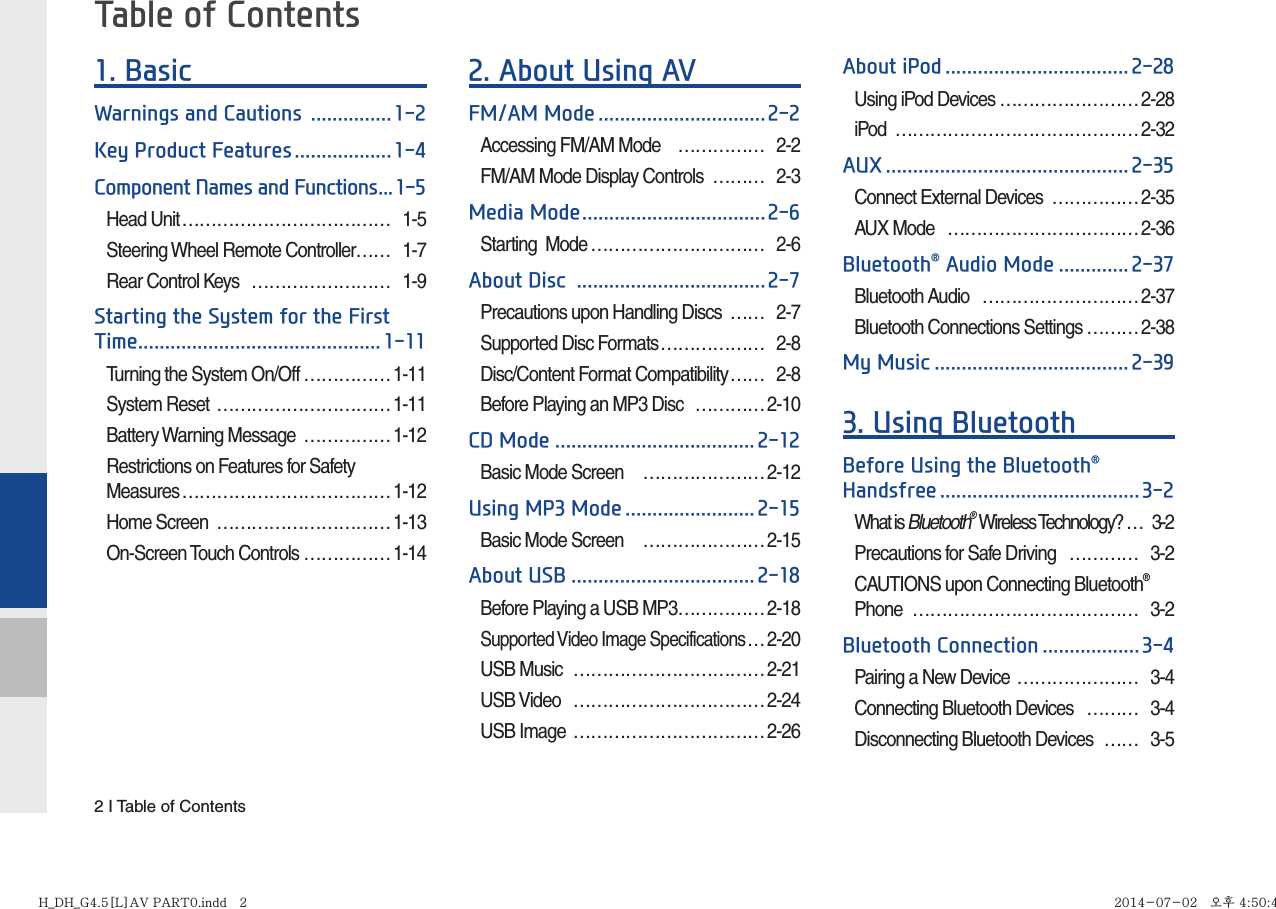 2 I Table of Contents1. BasicWarnings and Cautions  ...............1-2Key Product Features .................. 1-4Component Names and Functions ...1-5Head Unit ……………………………… 1-5Steering Wheel Remote Controller …… 1-7Rear Control Keys  …………………… 1-9Starting the System for the First Time............................................. 1-11Turning the System On/Off ……………1-11System Reset  ………………………… 1-11Battery Warning Message  ……………1-12Restrictions on Features for Safety Measures ……………………………… 1-12Home Screen  …………………………1-13On-Screen Touch Controls …………… 1-142. About Using AVFM/AM Mode ...............................2-2Accessing FM/AM Mode  …………… 2-2FM/AM Mode Display Controls  ……… 2-3Media Mode ..................................2-6Starting  Mode ………………………… 2-6About Disc  ................................... 2-7Precautions upon Handling Discs  …… 2-7Supported Disc Formats ……………… 2-8Disc/Content Format Compatibility …… 2-8Before Playing an MP3 Disc  …………2-10CD Mode ..................................... 2-12Basic Mode Screen   …………………2-12Using MP3 Mode ........................ 2-15Basic Mode Screen   …………………2-15About USB .................................. 2-18Before Playing a USB MP3 ……………2-18Supported Video Image Specifications …2-20USB Music  ……………………………2-21USB Video  ……………………………2-24USB Image  ……………………………2-26About iPod .................................. 2-28Using iPod Devices …………………… 2-28iPod ……………………………………2-32AUX ............................................. 2-35Connect External Devices   ……………2-35AUX Mode   ……………………………2-36Bluetooth® Audio Mode ............. 2-37Bluetooth Audio  ………………………2-37Bluetooth Connections Settings ………2-38My Music .................................... 2-393. Using BluetoothBefore Using the Bluetooth® Handsfree ..................................... 3-2What is Bluetooth® Wireless Technology? … 3-2Precautions for Safe Driving  ………… 3-2CAUTIONS upon Connecting Bluetooth® Phone ………………………………… 3-2Bluetooth Connection .................. 3-4Pairing a New Device ………………… 3-4Connecting Bluetooth Devices  ……… 3-4Disconnecting Bluetooth Devices  …… 3-5Table of ContentsH_DH_G4.5[L]AV PART0.indd   2H_DH_G4.5[L]AV PART0.indd   2 2014-07-02   오후 4:50:482014-07-02   오후 4:50:4