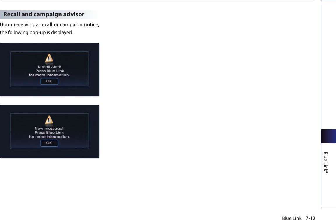 7-13Blue LinkBlue Link®Recall and campaign advisorUpon receiving a recall or campaign notice, the following pop-up is displayed.