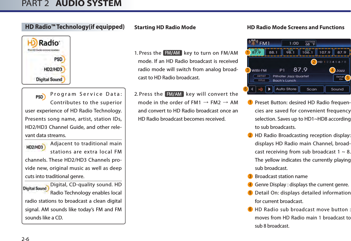 PART 2   AUDIO SYSTEM2-6HD Radio™ Technology(if equipped) P r o g r a m   S e r v i c e   D a t a : Contributes  to  the  superior user experience of HD Radio Technology. Presents song name, artist, station IDs, HD2/HD3 Channel Guide, and other  rele-vant data streams.Adjacent to traditional main stations  are  extra  local  FM channels. These HD2/HD3 Channels pro-vide new, original music as well as deep cuts into traditional genre.Digital, CD-quality sound.  HD Radio Technology enables local radio stations to broadcast a clean digital signal. AM sounds like  today’s FM and FM sounds like a CD.Starting HD Radio Mode1.  Press  the FM/AM key  to turn on FM/AM mode. If an HD  Radio broadcast is received  radio mode  will switch from analog broad-cast to HD Radio broadcast.2.  Press  the FM/AM  key  will  conver t  the mode  in the order of  FM1  → FM2  → AM and convert to HD Radio broadcast once an HD Radio broadcast becomes received.HD Radio Mode Screens and Functions1Preset Button: desired HD Radio frequen-cies are saved for  convenient frequency selection. Saves up to HD1~HD8 according to sub broadcasts.2HD Radio Broadcasting reception display: displays HD Radio main Channel, broad-cast receiving from sub  broadcast 1  ~ 8. The yellow indicates the currently playing sub broadcast.3Broadcast station name 4Genre Display : displays the current genre.5Detail On:  displays detailed  information for current broadcast.6HD Radio sub  broadcast move  button  : moves from  HD Radio main 1  broadcast  to sub 8 broadcast.13 4562
