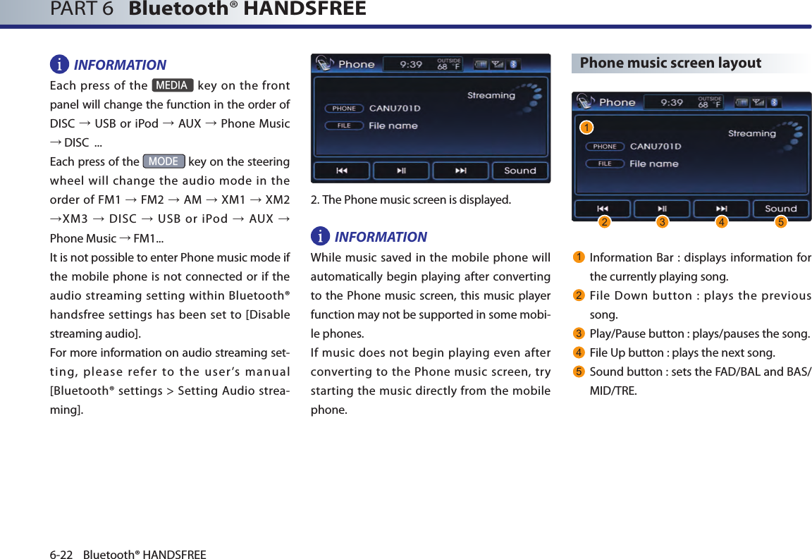 PART 6   Bluetooth® HANDSFREE6-22 Bluetooth® HANDSFREEINFORMATIONEach  press of  the MEDIA key  on  the front panel will change the function in the order of DISC → USB or iPod → AUX → Phone  Music → DISC  ...Each press of the MODE key on the steering wheel will change the audio mode in the order  of FM1 → FM2 → AM → XM1 → XM2 →XM3 →  DISC →  USB  or  iPod →  AUX → Phone Music → FM1...It is not possible to enter Phone music mode if the mobile phone is not connected or if the audio streaming setting within Bluetooth® handsfree settings has been set to [Disable streaming audio]. For more information on audio streaming set-ting,  please  refer  to  the  user ’s  manual [Bluetooth® settings &gt; Setting Audio strea-ming].  2.The Phone music screen is displayed. INFORMATIONWhile music saved in the mobile phone will automatically begin playing after converting to the Phone music screen, this music player function may not be supported in some mobi-le phones. If  music does not  begin  playing even  after converting to the Phone  music screen,  try starting the music directly from the mobile phone.Phone music screen layout1Information Bar :  displays information  for the currently playing song.2File  Down  button  :  plays  the  previous song. 3Play/Pause button : plays/pauses the song. 4File Up button : plays the next song.5Sound button : sets the FAD/BAL and BAS/MID/TRE. 12 3 4 5