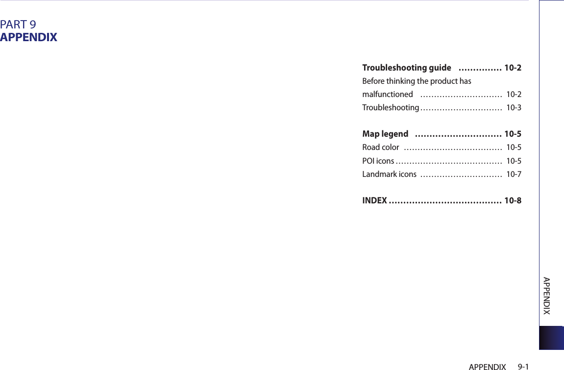 APPENDIX9-1APPENDIXPART 9APPENDIXTroubleshooting guide  …………… 10-2Before thinking the product has malfunctioned  ………………………… 10-2Troubleshooting ………………………… 10-3Map legend   ………………………… 10-5Road color  ……………………………… 10-5POI icons ………………………………… 10-5Landmark icons  ………………………… 10-7INDEX ………………………………… 10-8