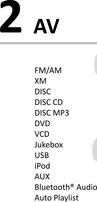 FM/AMXMDISCDISC CDDISC MP3DVDVCDJukeboxUSBiPodAUXBluetooth® AudioAuto Playlist2AV