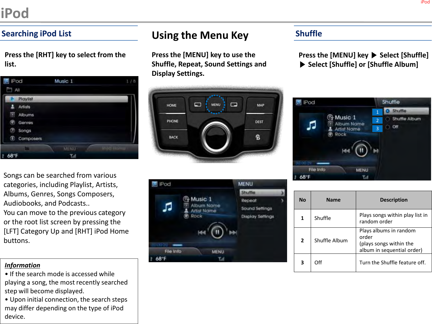 Press the [MENU] key to use the Shuffle, Repeat, Sound Settings and Display Settings.Using the Menu KeyPress the [MENU] key ▶Select [Shuffle] ▶Select [Shuffle] or [Shuffle Album]12Information• If the search mode is accessed while playing a song, the most recently searched step will become displayed.• Upon initial connection, the search steps may differ depending on the type of iPod device.No Name Description1Shuffle Plays songs within play list in random order2Shuffle AlbumPlays albums in random order (plays songs within the album in sequential order)3Off Turn the Shuffle feature off.3Searching iPod List ShuffleiPodPress the [RHT] key to select from the list. Songs can be searched from various categories, including Playlist, Artists, Albums, Genres, Songs Composers, Audiobooks, and Podcasts..You can move to the previous category or the root list screen by pressing the [LFT] Category Up and [RHT] iPod Home buttons. iPod