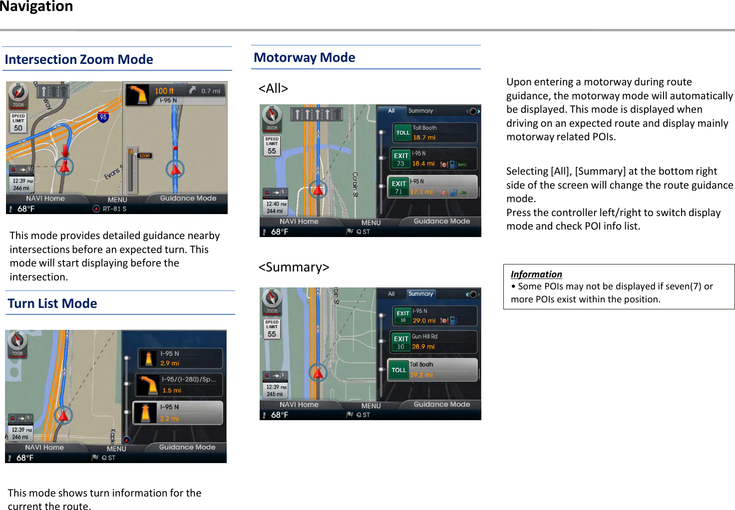 This mode provides detailed guidance nearby intersections before an expected turn. This mode will start displaying before the intersection.This mode shows turn information for the current the route.Navigation&lt;All&gt;&lt;Summary&gt;Upon entering a motorway during route guidance, the motorway mode will automatically be displayed. This mode is displayed when driving on an expected route and display mainly motorway related POIs.Information• Some POIs may not be displayed if seven(7) or more POIs exist within the position.Selecting [All], [Summary] at the bottom right side of the screen will change the route guidance mode.Press the controller left/right to switch display mode and check POI info list.Intersection Zoom ModeTurn List ModeMotorway Mode