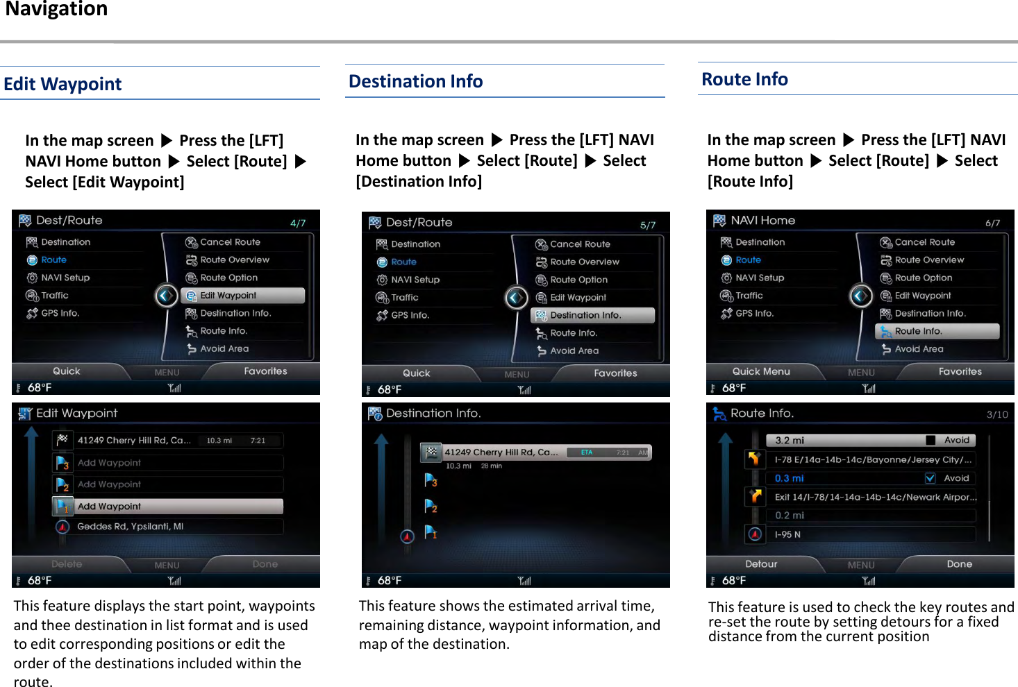 This feature displays the start point, waypoints and thee destination in list format and is used to edit corresponding positions or edit the order of the destinations included within the route.In the map screen ▶Press the [LFT] NAVI Home button ▶Select [Route] ▶Select [Destination Info] This feature shows the estimated arrival time, remaining distance, waypoint information, and map of the destination.In the map screen ▶Press the [LFT] NAVI Home button ▶Select [Route] ▶Select [Route Info]This feature is used to check the key routes and re-set the route by setting detours for a fixed distance from the current positionNavigationIn the map screen ▶Press the [LFT] NAVI Home button ▶Select [Route] ▶Select [Edit Waypoint]Edit Waypoint Destination Info Route Info