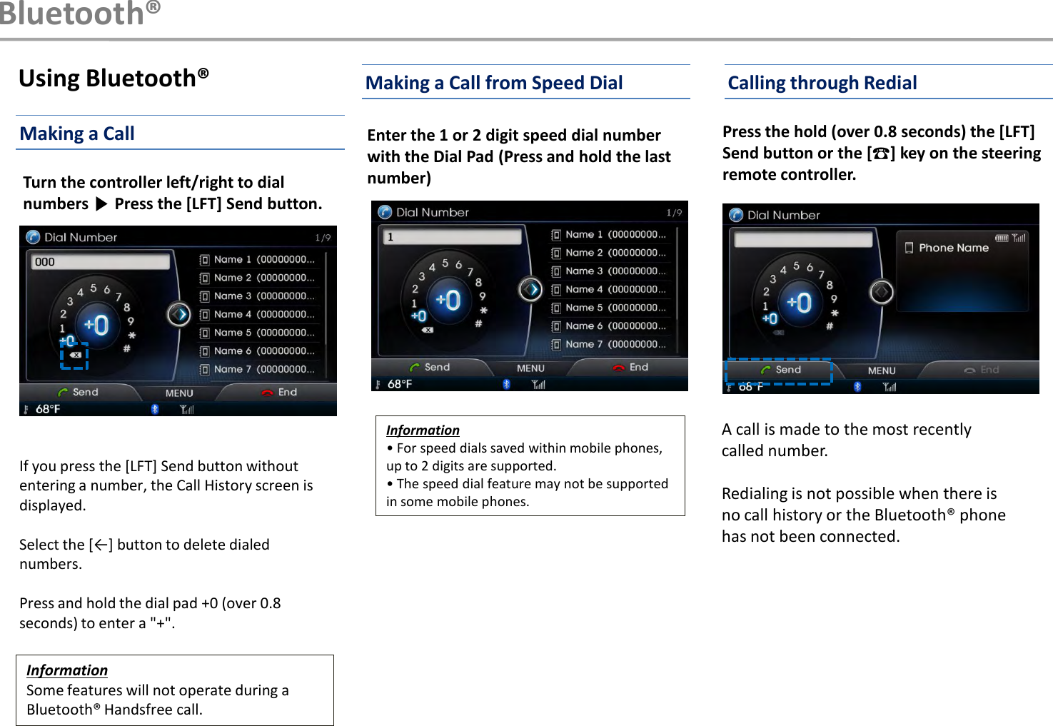 InformationSome features will not operate during a Bluetooth® Handsfree call. Using Bluetooth®Turn the controller left/right to dial numbers ▶Press the [LFT] Send button.If you press the [LFT] Send button without entering a number, the Call History screen is displayed.Select the [←] button to delete dialed numbers. Press and hold the dial pad +0 (over 0.8 seconds) to enter a &quot;+&quot;.Enter the 1 or 2 digit speed dial number with the Dial Pad (Press and hold the last number)Information• For speed dials saved within mobile phones, up to 2 digits are supported.•The speed dial feature may not be supported in some mobile phones.Press the hold (over 0.8 seconds) the [LFT] Send button or the [☎] key on the steering remote controller.Bluetooth®Making a CallMaking a Call from Speed Dial Calling through RedialA call is made to the most recently called number.Redialing is not possible when there is no call history or the Bluetooth® phone has not been connected.
