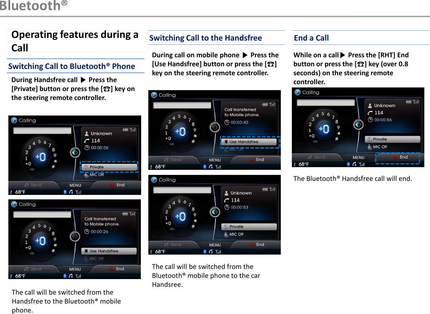 Operating features during aCallDuring Handsfree call ▶Press the [Private] button or press the [☎] key on the steering remote controller.The call will be switched from the Handsfree to the Bluetooth® mobile phone.During call on mobile phone ▶Press the [Use Handsfree] button or press the [☎] key on the steering remote controller.The call will be switched from the Bluetooth® mobile phone to the car Handsree.While on a call▶Press the [RHT] End button or press the [☎] key (over 0.8 seconds) on the steering remote controller.The Bluetooth® Handsfree call will end.Bluetooth®Switching Call to Bluetooth® PhoneSwitching Call to the Handsfree End a Call