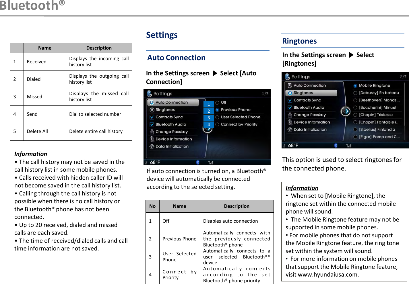 4123This option is used to select ringtones for the connected phone.In the Settings screen ▶Select [Auto Connection]If auto connection is turned on, a Bluetooth®device will automatically be connected according to the selected setting.No Name Description1 Off Disables auto connection2 Previous PhoneAutomatically connects withthe previously connectedBluetooth® phone3User SelectedPhoneAutomatically connects to auser selected Bluetooth®®device4C o n n e c t byPriorityA u t o m a t i c a l l y c o n n e c t sa c c o r d i n g to t h e s e tBluetooth® phone priorityIn the Settings screen ▶Select [Ringtones]Bluetooth®Name Description1 Received Displays the incoming callhistory list2 Dialed Displays the outgoing callhistory list3 Missed Displays the missed callhistory list4Send Dial to selected number5 Delete All Delete entire call historyInformation• The call history may not be saved in the call history list in some mobile phones.• Calls received with hidden caller ID will not become saved in the call history list. • Calling through the call history is not possible when there is no call history or the Bluetooth® phone has not been connected.•Up to 20 received, dialed and missed calls are each saved.•The time of received/dialed calls and call time information are not saved.Auto ConnectionSettingsInformation•When set to [Mobile Ringtone], the ringtone set within the connected mobile phone will sound.•The Mobile Ringtone feature may not be supported in some mobile phones.•For mobile phones that do not support the Mobile Ringtone feature, the ring tone set within the system will sound.•For more information on mobile phones that support the Mobile Ringtone feature, visit www.hyundaiusa.com. Ringtones