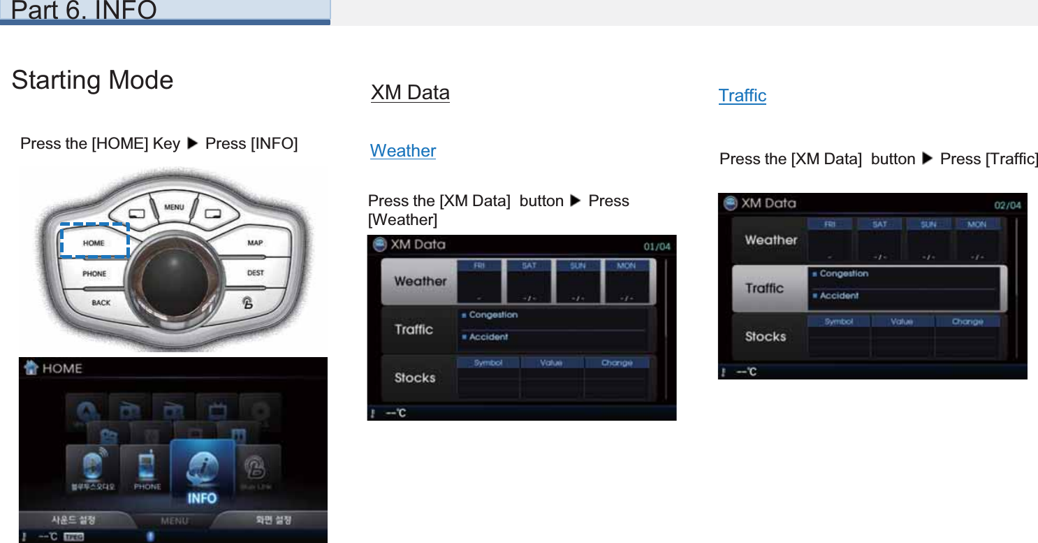 XM DataPart 6. INFOWeatherPress the [XM Data]  button  Press [Weather]12TrafficPress the [XM Data]  button  Press [Traffic]123Starting ModePress the [HOME] Key  Press [INFO]