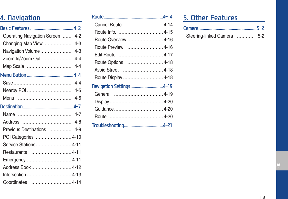   I 3004. NavigationBasic Features ........................................4-2Operating Navigation Screen  …… 4-2Changing Map View  ……………… 4-3Navigation Volume ………………… 4-3Zoom In/Zoom Out  ……………… 4-4Map Scale  ………………………… 4-4Menu Button ...........................................4-4Save ………………………………… 4-4Nearby POI ………………………… 4-5Menu ……………………………… 4-6Destination ...............................................4-7Name ……………………………… 4-7Address …………………………… 4-8Previous Destinations  …………… 4-9POI Categories  …………………… 4-10Service Stations …………………… 4-11Restaurants ……………………… 4-11Emergency ………………………… 4-11Address Book ……………………… 4-12Intersection ………………………… 4-13Coordinates ……………………… 4-14Route .......................................................4-14Cancel Route ……………………… 4-14Route Info.  ………………………… 4-15Route Overview …………………… 4-16Route Preview  …………………… 4-16Edit Route  …………………………4-17Route Options  …………………… 4-18Avoid Street  ……………………… 4-18Route Display ……………………… 4-18Navigation Settings ..............................4-19General …………………………… 4-19Display ……………………………… 4-20Guidance …………………………… 4-20Route ……………………………… 4-20Troubleshooting ....................................4-215. Other FeaturesCamera ......................................................5-2Steering-linked Camera  ………… 5-2