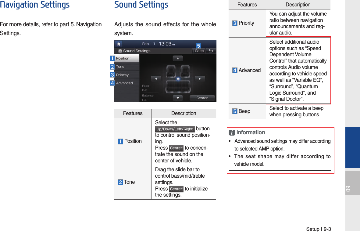 Setup I 9-309Navigation SettingsFor more details, refer to part 5. Navigation Settings.Sound SettingsAdjusts the sound effects for the whole system.i Information•  Advanced sound settings may differ according to selected AMP option.•  The seat shape may differ according to vehicle model.Features Description PositionSelect the Up/Down/Left/Right button to control sound position-ing. Press Center to concen-trate the sound on the center of vehicle. ToneDrag the slide bar to control bass/mid/treble settings.Press Center to initialize the settings.Features Description PriorityYou can adjust the volume ratio between navigation announcements and reg-ular audio. AdvancedSelect additional audio options such as “Speed Dependent Volume Control” that automatically controls Audio volume according to vehicle speed as well as “Variable EQ”, “Surround”, “Quantum Logic Surround”, and “Signal Doctor”. Beep Select to activate a beep when pressing buttons.