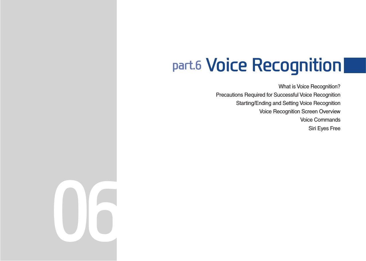What is Voice Recognition?Precautions Required for Successful Voice RecognitionStarting/Ending and Setting Voice Recognition  Voice Recognition Screen OverviewVoice CommandsSiri Eyes Free part.6 Voice Recognition06