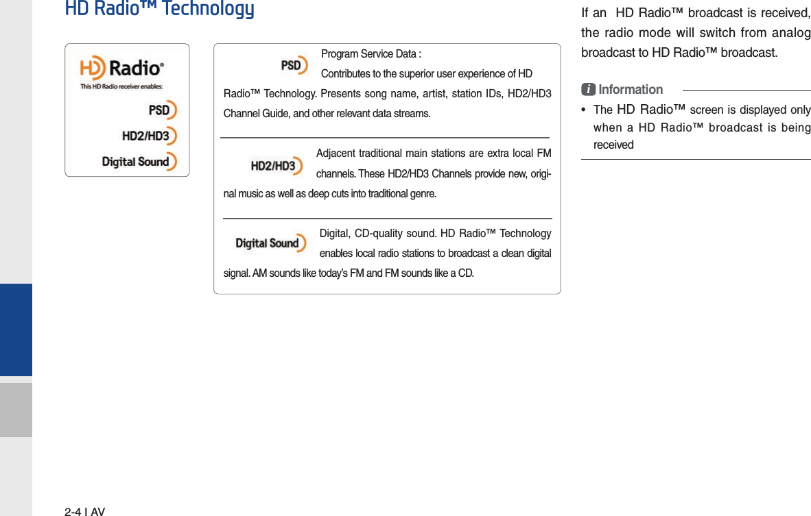 2-4 I AVIf an  HD Radio™ broadcast is received, the radio mode will switch from analog broadcast to HD Radio™ broadcast.i Information• The HD Radio™ screen is displayed only when a HD Radio™ broadcast is being receivedProgram Service Data :     Contributes to the superior user experience of HDRadio™ Technology. Presents song name, artist, station IDs, HD2/HD3 Channel Guide, and other relevant data streams.    Adjacent traditional main stations are extra local FM channels. These HD2/HD3 Channels provide new, origi-nal music as well as deep cuts into traditional genre. Digital, CD-quality sound. HD Radio™ Technology enables local radio stations to broadcast a clean digital signal. AM sounds like today’s FM and FM sounds like a CD.HD Radio™ Technology
