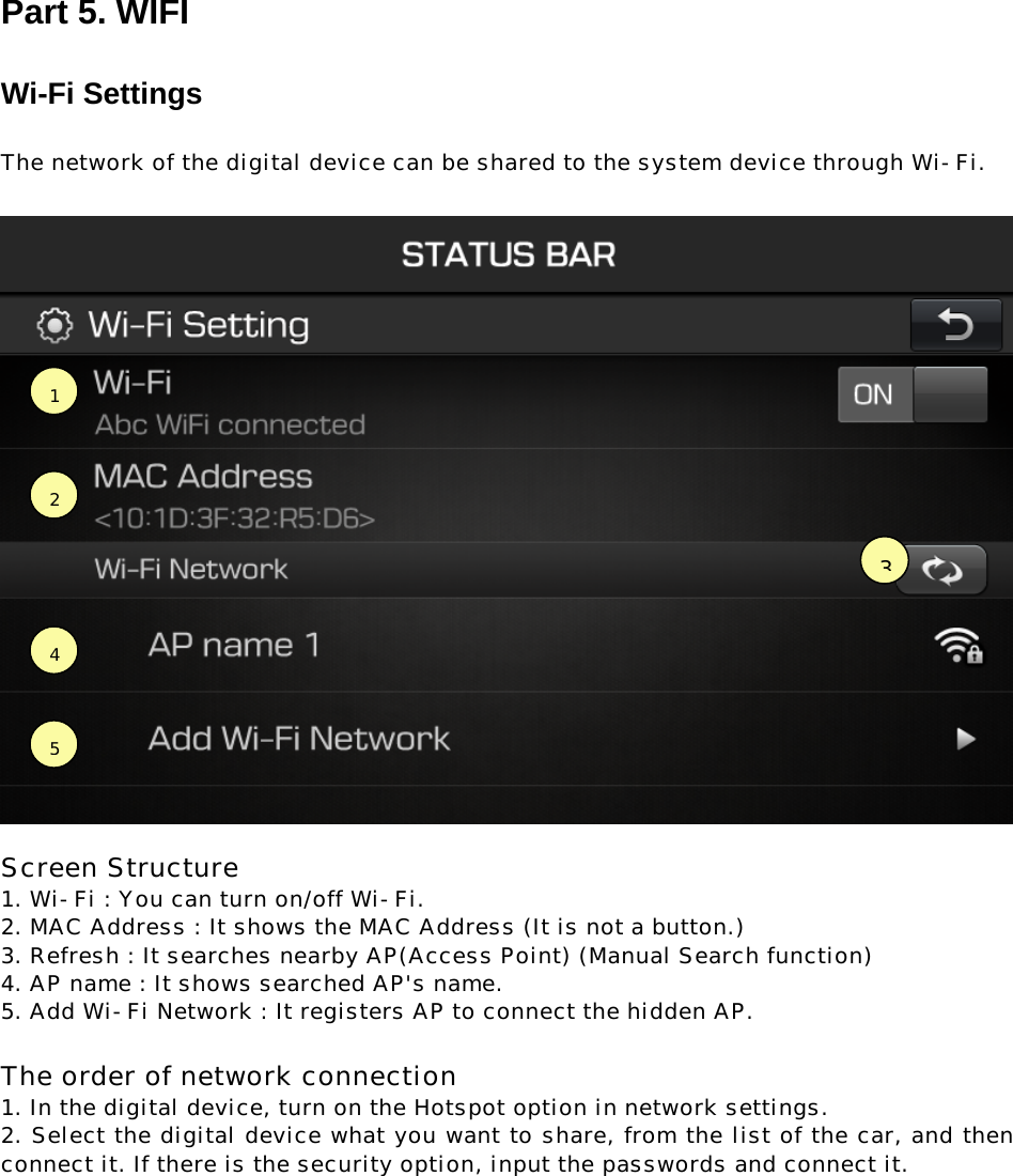 Part 5. WIFI  Wi-Fi Settings  The network of the digital device can be shared to the system device through Wi-Fi.     Screen Structure  1. Wi-Fi : You can turn on/off Wi-Fi. 2. MAC Address : It shows the MAC Address (It is not a button.) 3. Refresh : It searches nearby AP(Access Point) (Manual Search function) 4. AP name : It shows searched AP&apos;s name. 5. Add Wi-Fi Network : It registers AP to connect the hidden AP.   The order of network connection  1. In the digital device, turn on the Hotspot option in network settings.  2. Select the digital device what you want to share, from the list of the car, and then connect it. If there is the security option, input the passwords and connect it.   12453