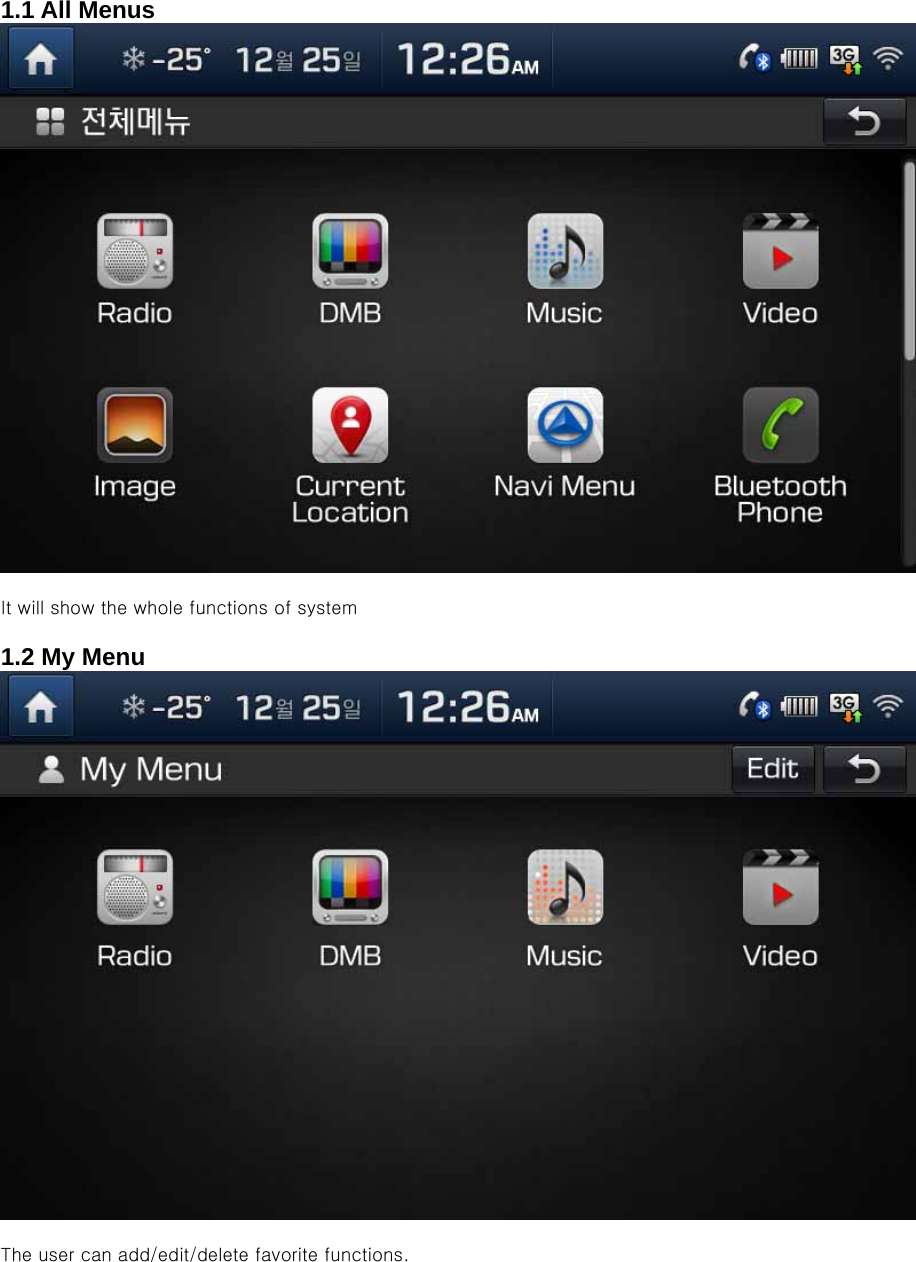 1.1 All Menus   It will show the whole functions of system  1.2 My Menu   The user can add/edit/delete favorite functions. 