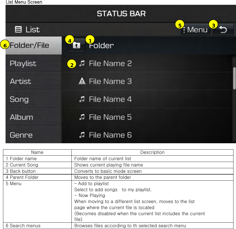 List Menu Screen   Name  Description 1 Folder name  Folder name of current list 2 Current Song  Shows current playing file name 3 Back button  Converts to basic mode screen 4 Parent Folder    Moves to the parent folder 5 Menu    – Add to playlist   Select to add songs    to my playlist. - Now Playing   When moving to a different list screen, moves to the list page where the current file is located (Becomes disabled when the current list includes the current file) 6 Search menus  Browses files according to th selected search menu                123456