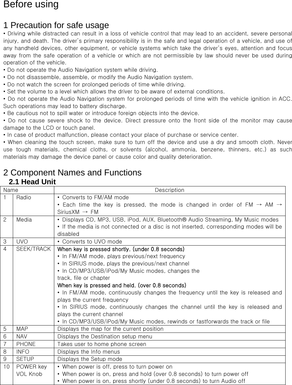 Before using  1 Precaution for safe usage • Driving while distracted can result in a loss of vehicle control that may lead to an accident, severe personal injury, and death. The driver’s primary responsibility is in the safe and legal operation of a vehicle, and use of any handheld devices, other equipment, or vehicle systems which take the driver’s eyes, attention and focus away from the safe operation of a vehicle or which are not permissible  by  law should never  be used  during operation of the vehicle. • Do not operate the Audio Navigation system while driving. • Do not disassemble, assemble, or modify the Audio Navigation system. • Do not watch the screen for prolonged periods of time while driving. • Set the volume to a level which allows the driver to be aware of external conditions. • Do not operate the Audio Navigation system for prolonged periods of time with the vehicle ignition in ACC. Such operations may lead to battery discharge. • Be cautious not to spill water or introduce foreign objects into the device. • Do not cause severe shock to the device. Direct pressure onto the front side of the monitor may cause damage to the LCD or touch panel. • In case of product malfunction, please contact your place of purchase or service center. • When cleaning the touch screen, make sure to turn off the device and use a dry and smooth cloth. Never use  tough  materials,  chemical  cloths,  or  solvents  (alcohol,  ammonia,  benzene,  thinners,  etc.)  as  such materials may damage the device panel or cause color and quality deterioration.  2 Component Names and Functions 2.1 Head Unit Name  Description 1  Radio  •  Converts to FM/AM mode •  Each  time  the  key  is  pressed,  the  mode  is  changed  in  order  of FM → AM → SiriusXM → FM 2  Media  •  Displays CD, MP3, USB, iPod, AUX, Bluetooth® Audio Streaming, My Music modes •  If the media is not connected or a disc is not inserted, corresponding modes will be disabled 3  UVO  •  Converts to UVO mode 4  SEEK/TRACK  When key is pressed shortly. (under 0.8 seconds) •  In FM/AM mode, plays previous/next frequency •  In SIRIUS mode, plays the previous/next channel •  In CD/MP3/USB/iPod/My Music modes, changes the track, file or chapter When key is pressed and held. (over 0.8 seconds) • In FM/AM mode, continuously changes the frequency until the key is released and plays the current frequency •  In  SIRIUS  mode,  continuously  changes  the  channel  until  the  key  is  released  and plays the current channel •  In CD/MP3/USB/iPod/My Music modes, rewinds or fastforwards the track or file 5  MAP  Displays the map for the current position 6  NAV  Displays the Destination setup menu 7  PHONE  Takes user to home phone screen 8  INFO  Displays the Info menus 9  SETUP  Displays the Setup mode 10  POWER key VOL Knob •  When power is off, press to turn power on •  When power is on, press and hold (over 0.8 seconds) to turn power off •  When power is on, press shortly (under 0.8 seconds) to turn Audio off 
