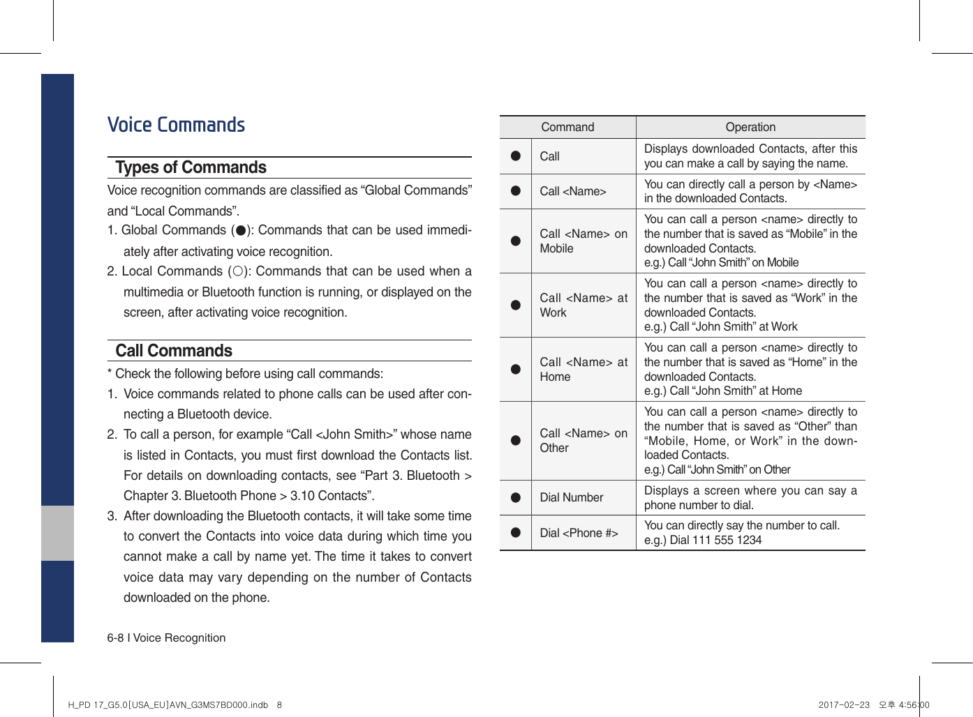 6-8 I Voice RecognitionVoice CommandsTypes of CommandsVoice recognition commands are classified as “Global Commands” and “Local Commands”.1. Global Commands (●): Commands that can be used immedi-ately after activating voice recognition.2. Local Commands (○): Commands that can be used when amultimedia or Bluetooth function is running, or displayed on thescreen, after activating voice recognition.Call Commands* Check the following before using call commands:1.  Voice commands related to phone calls can be used after con-necting a Bluetooth device. 2.  To call a person, for example “Call &lt;John Smith&gt;” whose nameis listed in Contacts, you must first download the Contacts list. For details on downloading contacts, see “Part 3. Bluetooth &gt;Chapter 3. Bluetooth Phone &gt; 3.10 Contacts”.3.  After downloading the Bluetooth contacts, it will take some timeto convert the Contacts into voice data during which time youcannot make a call by name yet. The time it takes to convertvoice data may vary depending on the number of Contactsdownloaded on the phone.Command Operation●Call Displays downloaded Contacts, after this you can make a call by saying the name.●Call &lt;Name&gt; You can directly call a person by &lt;Name&gt; in the downloaded Contacts.●Call &lt;Name&gt; on MobileYou can call a person &lt;name&gt; directly to the number that is saved as “Mobile” in the downloaded Contacts.e.g.) Call “John Smith” on Mobile●Call &lt;Name&gt; at WorkYou can call a person &lt;name&gt; directly to the number that is saved as “Work” in the downloaded Contacts.e.g.) Call “John Smith” at Work●Call &lt;Name&gt; at HomeYou can call a person &lt;name&gt; directly to the number that is saved as “Home” in the downloaded Contacts.e.g.) Call “John Smith” at Home●Call &lt;Name&gt; on OtherYou can call a person &lt;name&gt; directly to the number that is saved as “Other” than “Mobile, Home, or Work” in  the down-loaded Contacts.e.g.) Call “John Smith” on Other●Dial Number Displays a screen where you can say a phone number to dial.●Dial &lt;Phone #&gt; You can directly say the number to call.e.g.) Dial 111 555 1234H_PD 17_G5.0[USA_EU]AVN_G3MS7BD000.indb   8 2017-02-23   오후 4:56:00