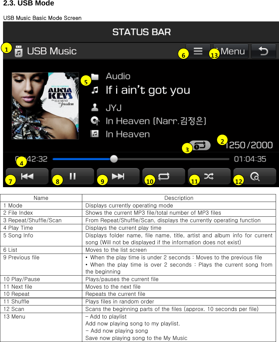 2.3. USB Mode  USB Music Basic Mode Screen   Name  Description 1 Mode    Displays currently operating mode 2 File Index  Shows the current MP3 file/total number of MP3 files 3 Repeat/Shuffle/Scan  From Repeat/Shuffle/Scan, displays the currently operating function 4 Play Time  Displays the current play time 5 Song Info  Displays  folder name, file  name,  title, artist  and  album  info  for  current song (Will not be displayed if the information does not exist) 6 List  Moves to the list screen 9 Previous file  •  When the play time is under 2 seconds : Moves to the previous file • When the play time is over 2 seconds : Plays the current song from the beginning 10 Play/Pause  Plays/pauses the current file 11 Next file  Moves to the next file 10 Repeat  Repeats the current file 11 Shuffle  Plays files in random order 12 Scan  Scans the beginning parts of the files (approx. 10 seconds per file) 13 Menu    – Add to playlist   Add now playing song to my playlist. - Add now playing song   Save now playing song to the My Music       12345101112789613