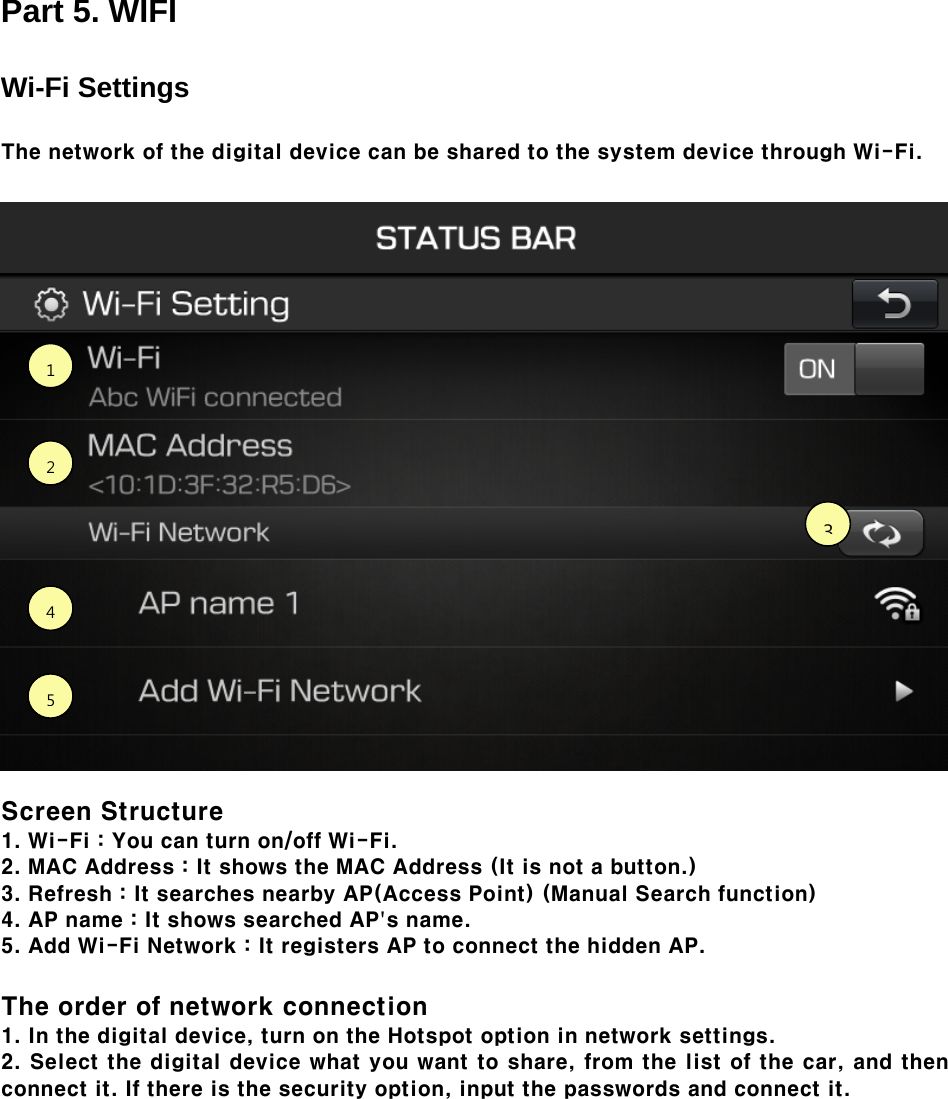 Part 5. WIFI  Wi-Fi Settings  The network of the digital device can be shared to the system device through Wi-Fi.      Screen Structure   1. Wi-Fi : You can turn on/off Wi-Fi. 2. MAC Address : It shows the MAC Address (It is not a button.) 3. Refresh : It searches nearby AP(Access Point) (Manual Search function) 4. AP name : It shows searched AP&apos;s name. 5. Add Wi-Fi Network : It registers AP to connect the hidden AP.    The order of network connection   1. In the digital device, turn on the Hotspot option in network settings.   2. Select the digital device what you want to share, from the list of the car, and then connect it. If there is the security option, input the passwords and connect it.   12453