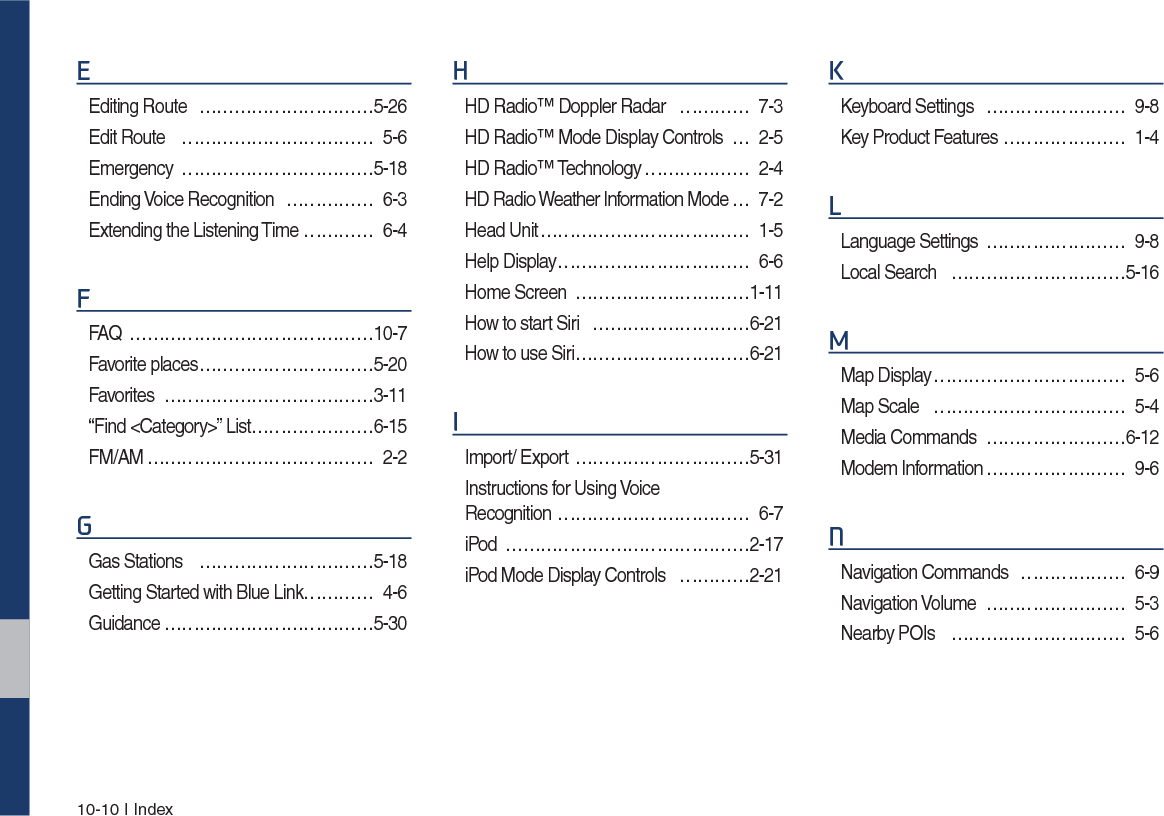 10-10 I Index(Editing Route  …………………………5-26Edit Route …………………………… 5-6Emergency ……………………………5-18Ending Voice Recognition …………… 6-3Extending the Listening Time ………… 6-4)FAQ ……………………………………10-7Favorite places ………………………… 5-20Favorites ………………………………3-11“Find &lt;Category&gt;” List …………………6-15FM/AM ………………………………… 2-2*Gas Stations  …………………………5-18Getting Started with Blue Link………… 4-6Guidance ………………………………5-30+HD Radio™ Doppler Radar  ………… 7-3HD Radio™ Mode Display Controls … 2-5HD Radio™ Technology ……………… 2-4HD Radio Weather Information Mode … 7-2Head Unit ……………………………… 1-5Help Display …………………………… 6-6Home Screen …………………………1-11How to start Siri ………………………6-21How to use Siri ………………………… 6-21,Import/ Export …………………………5-31Instructions for Using Voice  Recognition …………………………… 6-7iPod ……………………………………2-17iPod Mode Display Controls …………2-21.Keyboard Settings  …………………… 9-8Key Product Features ………………… 1-4/Language Settings  …………………… 9-8Local Search …………………………5-160Map Display …………………………… 5-6Map Scale …………………………… 5-4Media Commands ……………………6-12Modem Information …………………… 9-61Navigation Commands  ……………… 6-9Navigation Volume …………………… 5-3Nearby POIs ………………………… 5-6