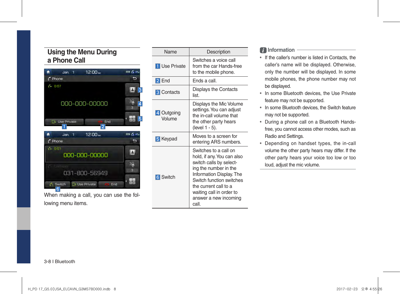 3-8 I BluetoothUsing the Menu During a Phone CallWhen making a call, you can use the fol-lowing menu items.Name Description Use PrivateSwitches a voice call from the car Hands-free to the mobile phone. End Ends a call. Contacts  Displays the Contacts list.  Outgoing VolumeDisplays the Mic Volume settings. You can adjust the in-call volume that the other party hears (level 1 - 5). Keypad Moves to a screen for entering ARS numbers. SwitchSwitches to a call on hold, if any. You can also switch calls by select-ing the number in the Information Display. The Switch function switches the current call to a waiting call in order to answer a new incoming call. Information•  If the caller’s number is listed in Contacts, the caller’s name will be displayed. Otherwise, only the number will be displayed. In some mobile phones, the phone number may not be displayed.•  In some Bluetooth devices, the Use Private feature may not be supported. •  In some Bluetooth devices, the Switch feature may not be supported.•  During a phone call on a Bluetooth Hands-free, you cannot access other modes, such as Radio and Settings. •  Depending on  handset types, the  in-call volume the other party hears may differ. If the other party hears your voice too low or too loud, adjust the mic volume.H_PD 17_G5.0[USA_EU]AVN_G3MS7BD000.indb   8 2017-02-23   오후 4:55:26