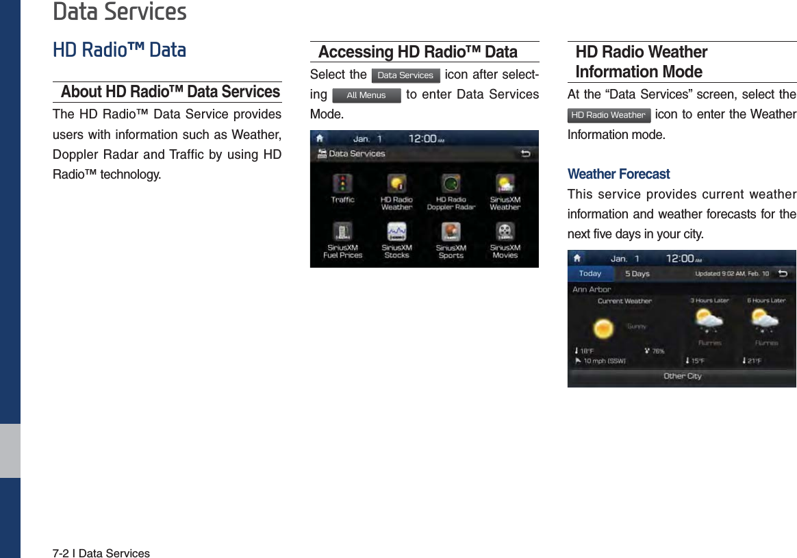 7-2 I Data Services+&apos;5DGLRχ&apos;DWDAbout HD Radio™ Data ServicesThe HD Radio™ Data Service provides users with information such as Weather, Doppler Radar and Traffic by using HD Radio™ technology.Accessing HD Radio™ DataSelect the %BUB4FSWJDFT icon after select-ing &quot;MM.FOVT to enter Data Services Mode.HD Radio Weather Information ModeAt the “Data Services” screen, select the )%3BEJP8FBUIFS icon to enter the Weather Information mode. Weather ForecastThis service provides current weather information and weather forecasts for the next five days in your city.&apos;DWD6HUYLFHV