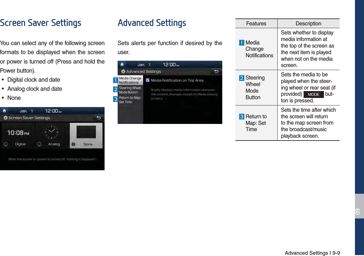 Advanced Settings I 9-96FUHHQ6DYHU6HWWLQJVYou can select any of the following screen formats to be displayed when the screen or power is turned off (Press and hold the Power button).•  Digital clock and date•  Analog clock and date• None$GYDQFHG6HWWLQJVSets alerts per function if desired by the user.Features Description  Media Change NotificationsSets whether to display media information at the top of the screen as the next item is played when not on the media screen.  Steering Wheel Mode ButtonSets the media to be played when the steer-ing wheel or rear seat (if provided) .0%&amp; but-ton is pressed.  Return to Map: Set TimeSets the time after which the screen will return to the map screen from the broadcast/music playback screen.