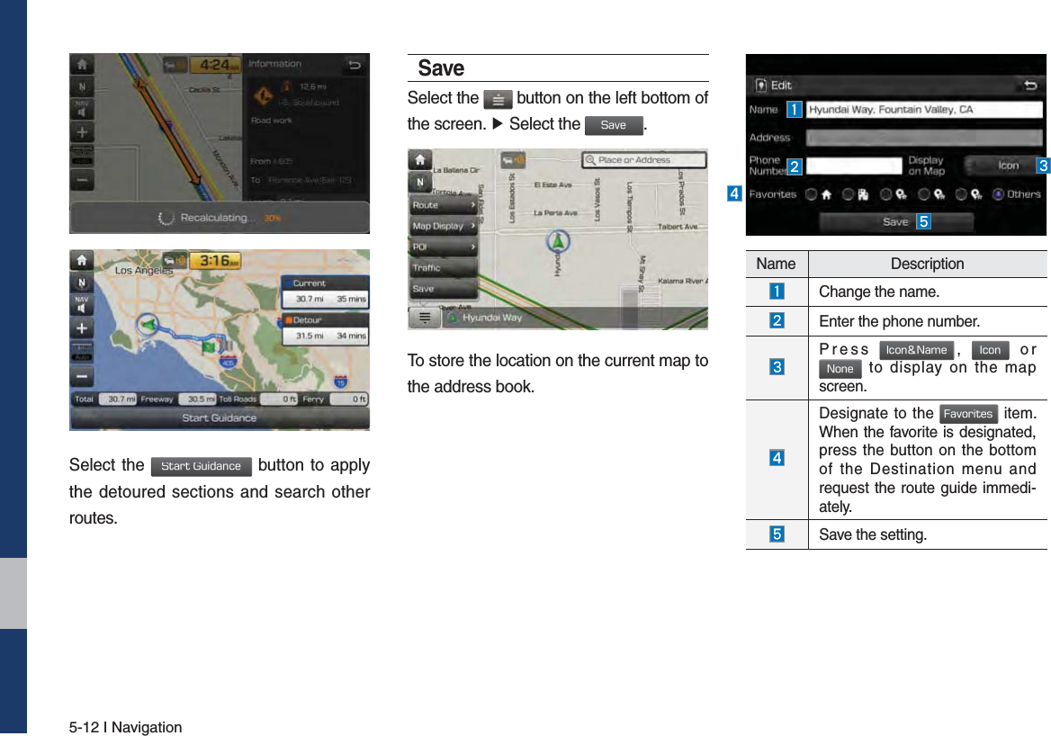 5-12 I NavigationSelect the 4UBSU(VJEBODF button to apply the detoured sections and search other routes.SaveSelect the   button on the left bottom of the screen. ▶ Select the 4BWF. To store the location on the current map to the address book.Name DescriptionChange the name.Enter the phone number.Press *DPO/BNF, *DPO or /POF to display on the map screen. Designate to the &apos;BWPSJUFT item. When the favorite is designated, press the button on the bottom of the Destination menu and request the route guide immedi-ately.Save the setting.