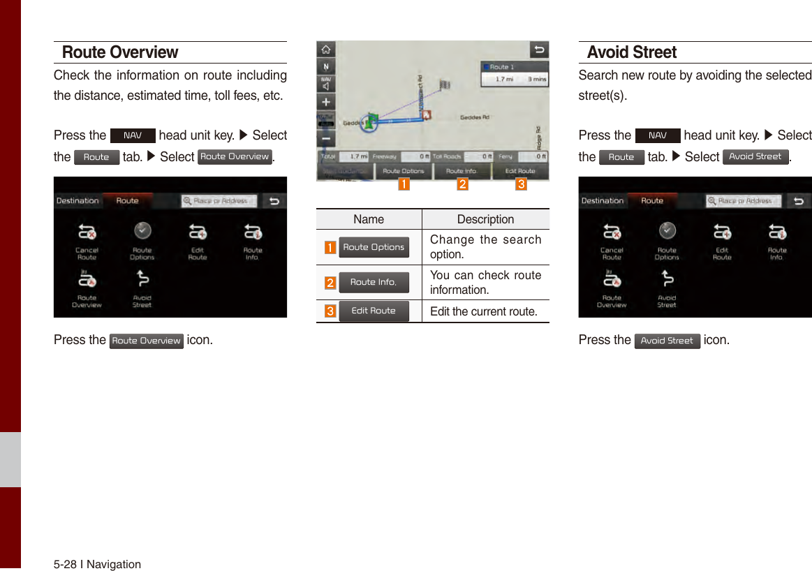 5-28 I NavigationRoute OverviewCheck the information on route including the distance, estimated time, toll fees, etc. Press the NAV head unit key. ▶ Select  the Route tab. ▶ Select Route Overview.Press the Route Overview icon.Name Description Route OptionsChange  the  search option. Route Info.You can check route information.  Edit RouteEdit the current route.Avoid StreetSearch new route by avoiding the selected street(s).Press the NAV head unit key. ▶ Select  the Route tab. ▶ Select Avoid Street.Press the Avoid Street icon.