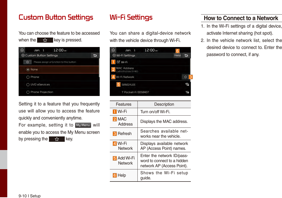 9-10 I SetupCustom Button SettingsYou can choose the feature to be accessed when the   key is pressed.Setting it to a feature that you frequently use will allow you to access the feature quickly and conveniently anytime.For  example, setting  it to My Menu will enable you to access the My Menu screen by pressing the   key.Wi-Fi SettingsYou can share a digital-device network with the vehicle device through Wi-Fi.Features Description Wi-Fi Turn on/off Wi-Fi. MAC Address Displays the MAC address. Refresh Searches  available net-works near the vehicle. Wi-Fi NetworkDisplays available network AP (Access Point) names. Add Wi-Fi NetworkEnter the network ID/pass-word to connect to a hidden network AP (Access Point). Help Shows  the  Wi-Fi  setup guide.How to Connect to a Network1.  In the Wi-Fi settings of a digital device, activate Internet sharing (hot spot).2.  In the vehicle network list, select the desired device to connect to. Enter the password to connect, if any.