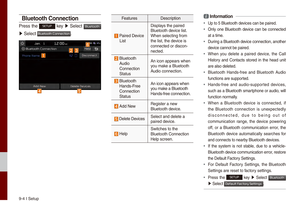 9-4 I SetupBluetooth ConnectionPress the SETUP key ▶ Select Bluetooth ▶ Select Bluetooth Connection.Features Description Paired Device       ListDisplays the paired Bluetooth device list. When selecting from the list, the device is connected or discon-nected.  Bluetooth      Audio   Connection   StatusAn icon appears when you make a Bluetooth Audio connection.  Bluetooth   Hands-Free   Connection   StatusAn icon appears when you make a Bluetooth Hands-free connection. Add New Register a new Bluetooth device. Delete Devices Select and delete a paired device. HelpSwitches to the Bluetooth Connection Help screen.i Information • Up to 5 Bluetooth devices can be paired. •  Only one Bluetooth device can be connected at a time. •  During a Bluetooth device connection, another device cannot be paired. •  When you delete a paired device, the Call History and Contacts stored in the head unit are also deleted. •  Bluetooth Hands-free and Bluetooth Audio functions are supported. •  Hands-free and audio-supported  devices, such as a Bluetooth smartphone or audio, will function normally. •  When a Bluetooth device is connected, if the Bluetooth connection is  unexpectedly disconnected,  due  to  being  out  of communication range, the device powering off, or a Bluetooth communication error, the Bluetooth device automatically searches for and connects to nearby Bluetooth devices. •  If the system is not stable, due to a vehicle-Bluetooth device communication error, restore the Default Factory Settings. •  For Default Factory Settings, the Bluetooth Settings are reset to factory settings. • Press the SETUP key ▶ Select Bluetooth ▶ Select Default Factory Settings.
