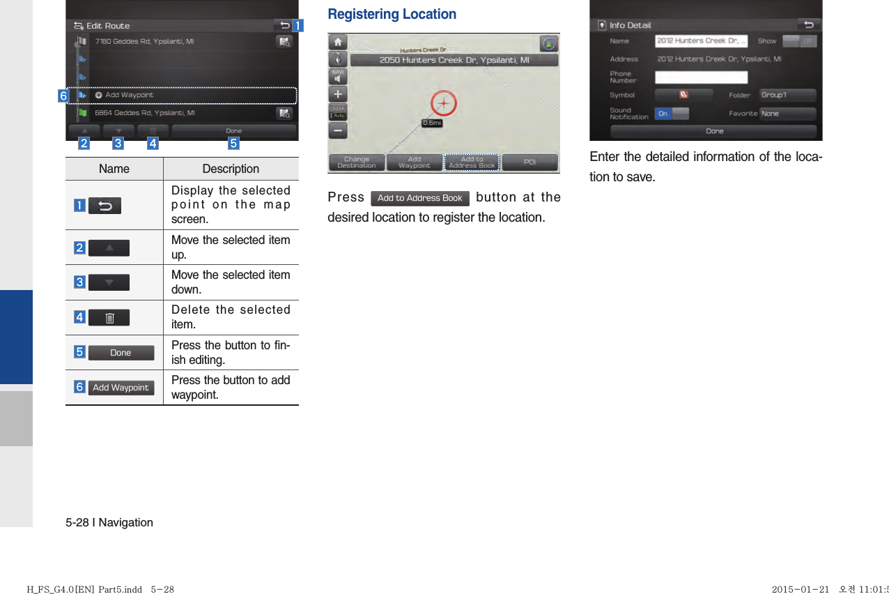 5-28 I NavigationRegistering LocationPress Add to Address Book button at the desired location to register the location.Enter the detailed information of the loca-tion to save.Name Description Display the selected point on the map screen. Move the selected item up. Move the selected item down. Delete the selected item. DonePress the button to fin-ish editing. Add WaypointPress the button to add waypoint.H_FS_G4.0[EN] Part5.indd   5-28H_FS_G4.0[EN] Part5.indd   5-28 2015-01-21   오전 11:01:512015-01-21   오전 11:01:5