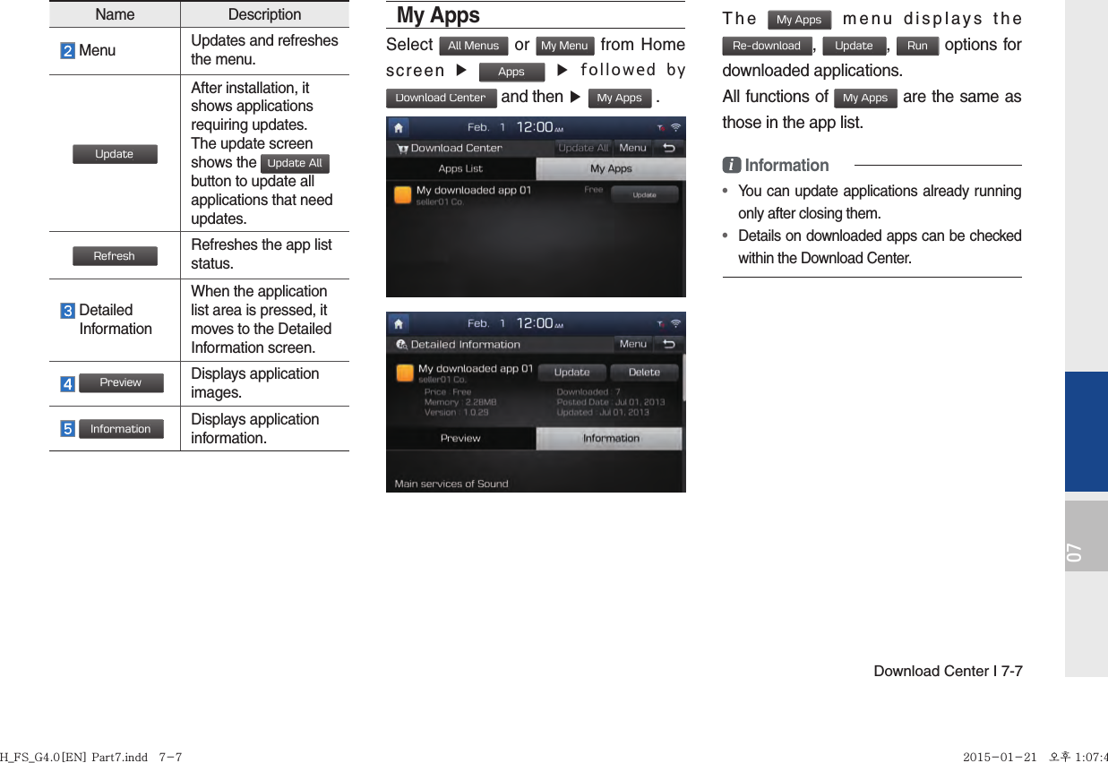 Download Center I 7-707My Apps Select All Menus or My Menu from Homescreen ▶ Apps ▶ followed by Download Center and then ▶ My Apps .The My Apps menu displays the Re-download, Update, Run options for downloaded applications.All functions of My Apps are the same as those in the app list.i Information•  You can update applications already running only after closing them.•  Details on downloaded apps can be checked within the Download Center.Name Description Menu Updates and refreshes the menu.UpdateAfter installation, it shows applications requiring updates.The update screen shows the Update All button to update all applications that need updates.RefreshRefreshes the app list status.   Detailed  InformationWhen the application list area is pressed, it moves to the Detailed Information screen. Preview Displays application images. InformationDisplays application information.H_FS_G4.0[EN] Part7.indd   7-7H_FS_G4.0[EN] Part7.indd   7-7 2015-01-21   오후 1:07:492015-01-21   오후 1:07:4