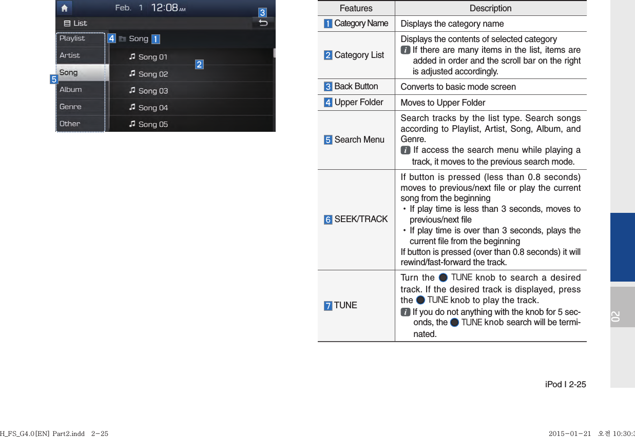  iPod I 2-2502Features Description Category Name Displays the category name  Category ListDisplays the contents of selected category   If there are many items in the list, items are  added in order and the scroll bar on the right  is adjusted accordingly. Back Button Converts to basic mode screen Upper Folder Moves to Upper Folder Search MenuSearch tracks by the list type. Search songs according to Playlist, Artist, Song, Album, and Genre. If access the search menu while playing a      track, it moves to the previous search mode.    SEEK/TRACKIf button is pressed (less than 0.8 seconds) moves to previous/next file or play the current song from the beginning  •If play time is less than 3 seconds, moves to previous/next file •If play time is over than 3 seconds, plays the current file from the beginningIf button is pressed (over than 0.8 seconds) it will rewind/fast-forward the track. TUNETurn the  TUNE knob to search a desired track. If the desired track is displayed, press the  TUNE knob to play the track. If you do not anything with the knob for 5 sec-onds, the  TUNE knob search will be termi-nated.H_FS_G4.0[EN] Part2.indd   2-25H_FS_G4.0[EN] Part2.indd   2-25 2015-01-21   오전 10:30:352015-01-21   오전 10:30:3