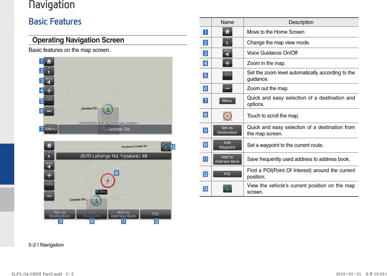 5-2 I NavigationNavigationBasic FeaturesOperating Navigation ScreenBasic features on the map screen. Name DescriptionMove to the Home ScreenChange the map view mode.Voice Guidance On/OffZoom in the map.Set the zoom level automatically according to the guidance.Zoom out the map.MenuQuick and easy selection of a destination and options.Touch to scroll the map.Set as DestinationQuick and easy selection of a destination from the map screen.Add WaypointSet a waypoint to the current route.Add toAddress BookSave frequently used address to address book.POIFind a POI(Point Of Interest) around the current position.View the vehicle’s current position on the map screen.H_FS_G4.0[EN] Part5.indd   5-2H_FS_G4.0[EN] Part5.indd   5-2 2015-01-21   오전 10:55:552015-01-21   오전 10:55:5